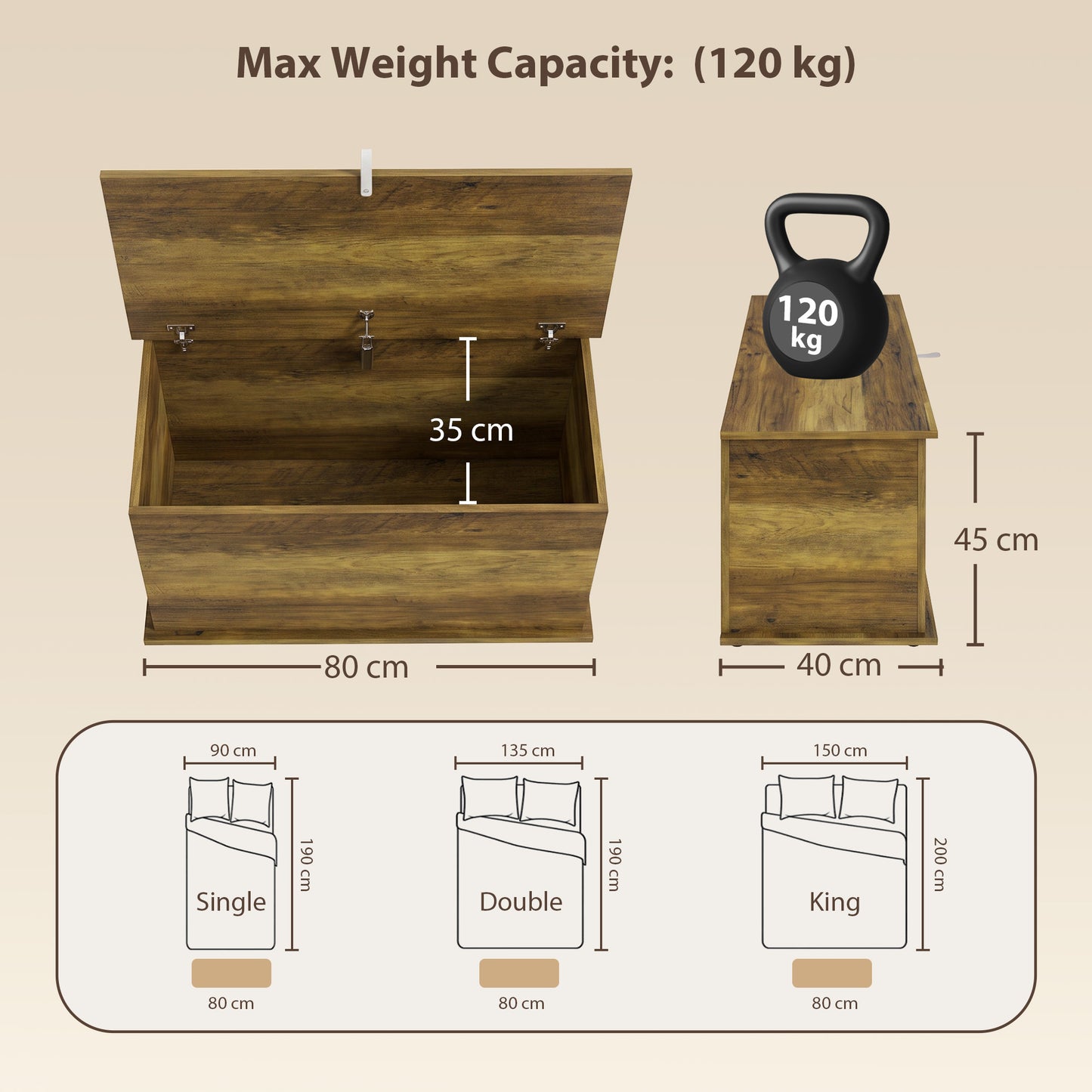HOMCOM Storage Chest 102L Blanket Box Shoe Bench With Safety Hinged Lid Bed End Bench 80x40x45cm Brown