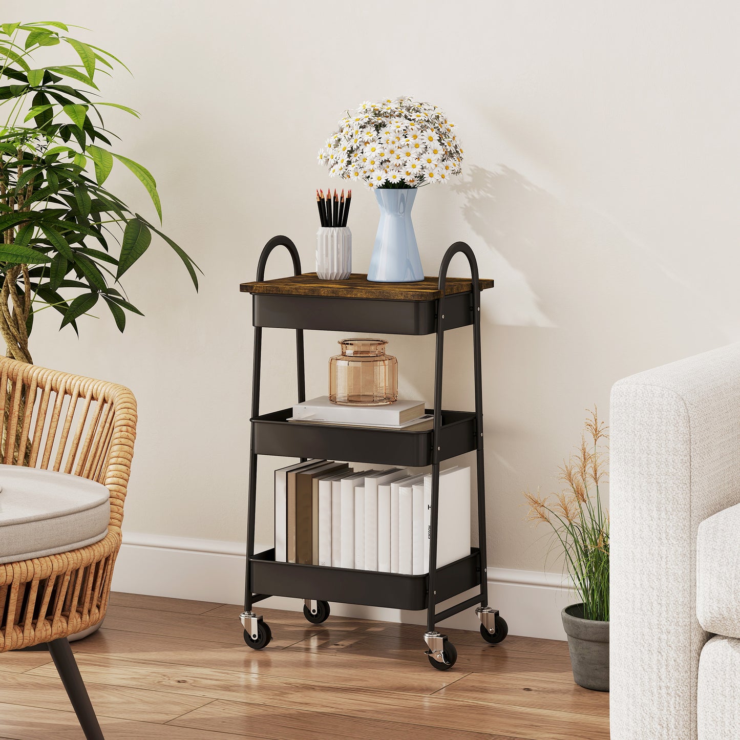 HOMCOM 3 Tier Kitchen Storage Trolley On Wheels With Cover Top Board Rustic Brown And Black