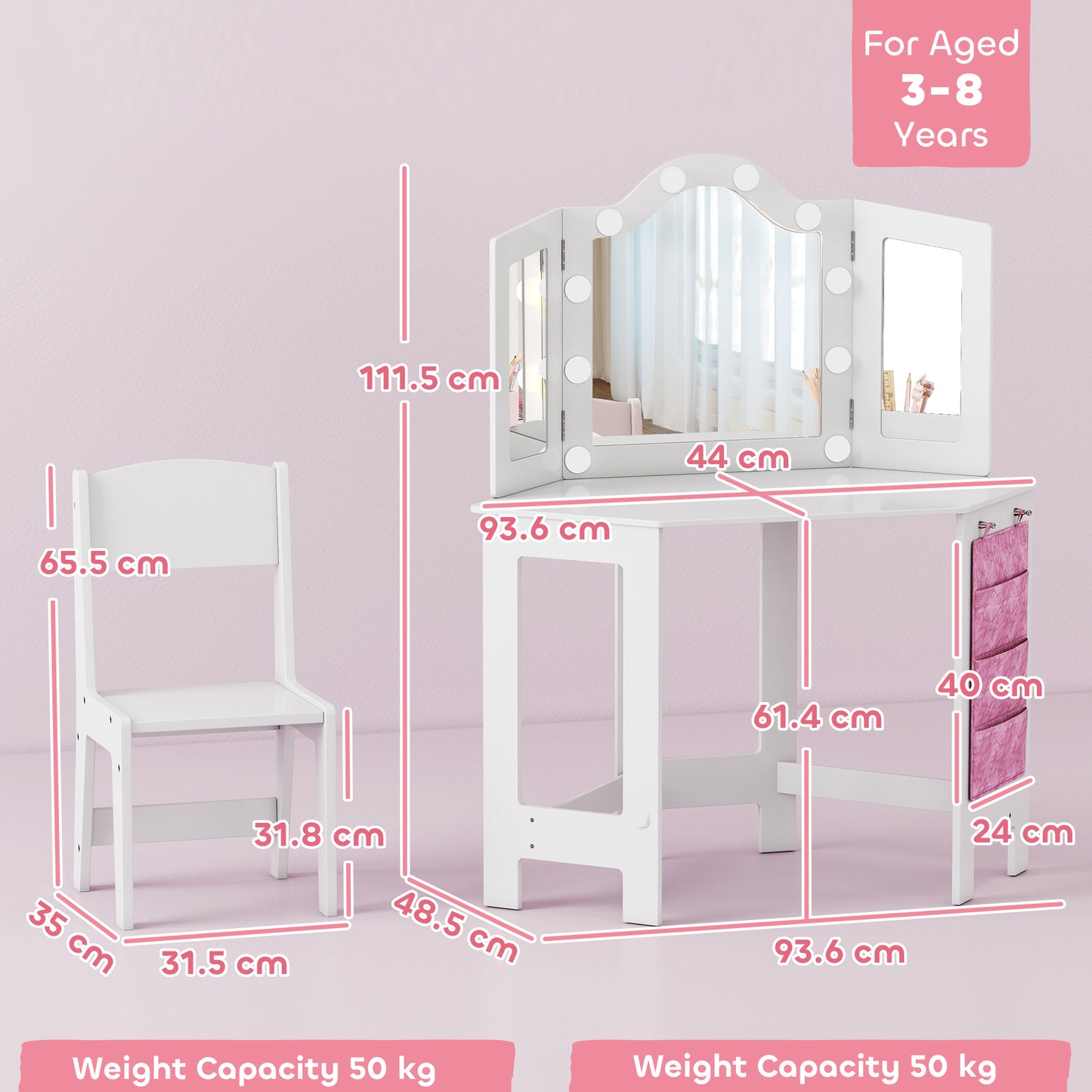 AIYAPLAY Girls Vanity Table And Stool Set With Tri Folding Mirror And Two Color LED Lights White