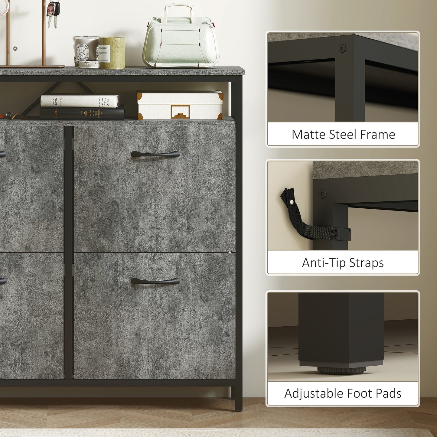 HOMCOM Cement Grey Shoe Storage Cabinet With Four Flip Drawers And Open Shelf For Industrial Entryway Organization