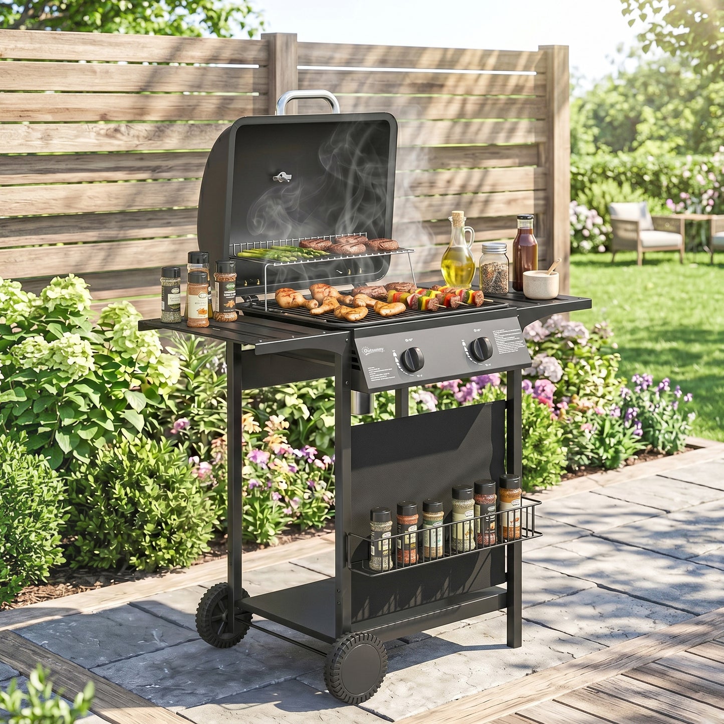 Outsunny Two Burner Gas Grill With Side Tables Warming Rack Thermometer Grease Tray Black