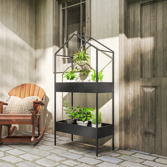 Outsunny 2 Tier Plant Stand With Hook Outdoor Indoor Metal Display Rack House Shaped Pots Holder Black