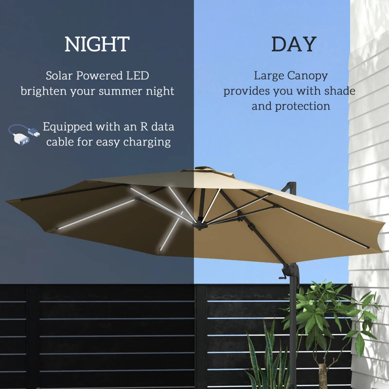 Outsunny 3m Adjustable Cantilever Parasol with Base and Solar LED Lights, Khaki – Outdoor Patio Umbrella - ALL4U RETAILER LTD