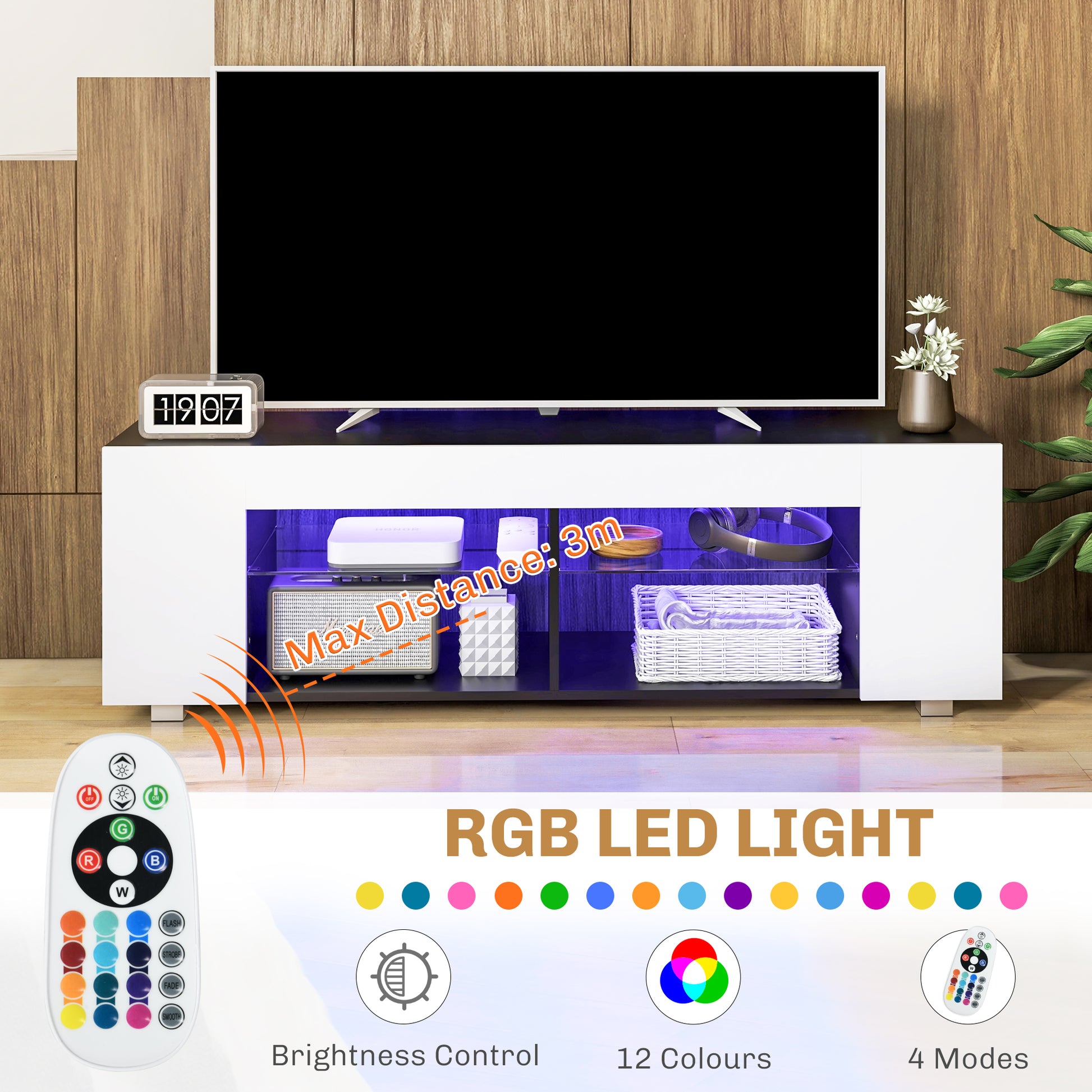 HOMCOM Modern White TV Stand with RGB LED Lights and Glass Shelves for 32-60 inch TVs - ALL4U RETAILER LTD