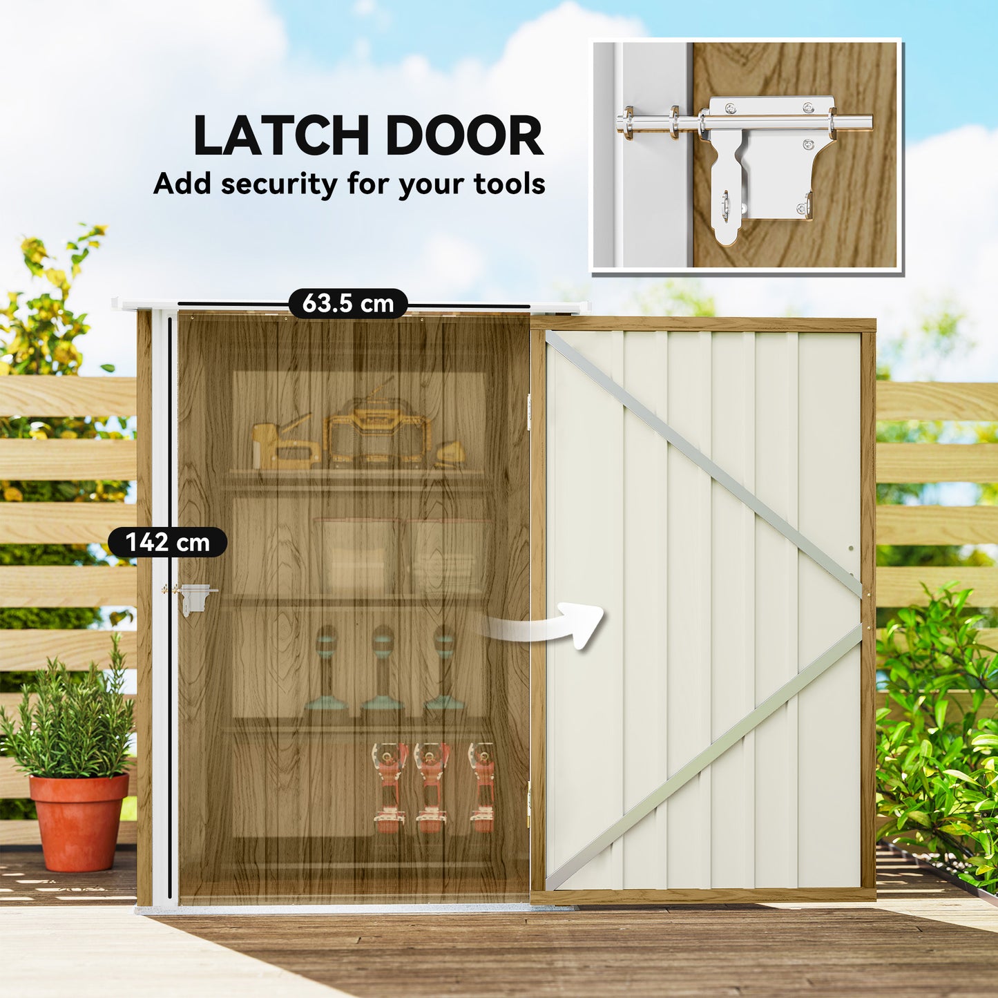 Outsunny Lean To Steel Garden Shed 3.3 By 3.4 Ft With Locking Door Light Brown Wood Effect And White