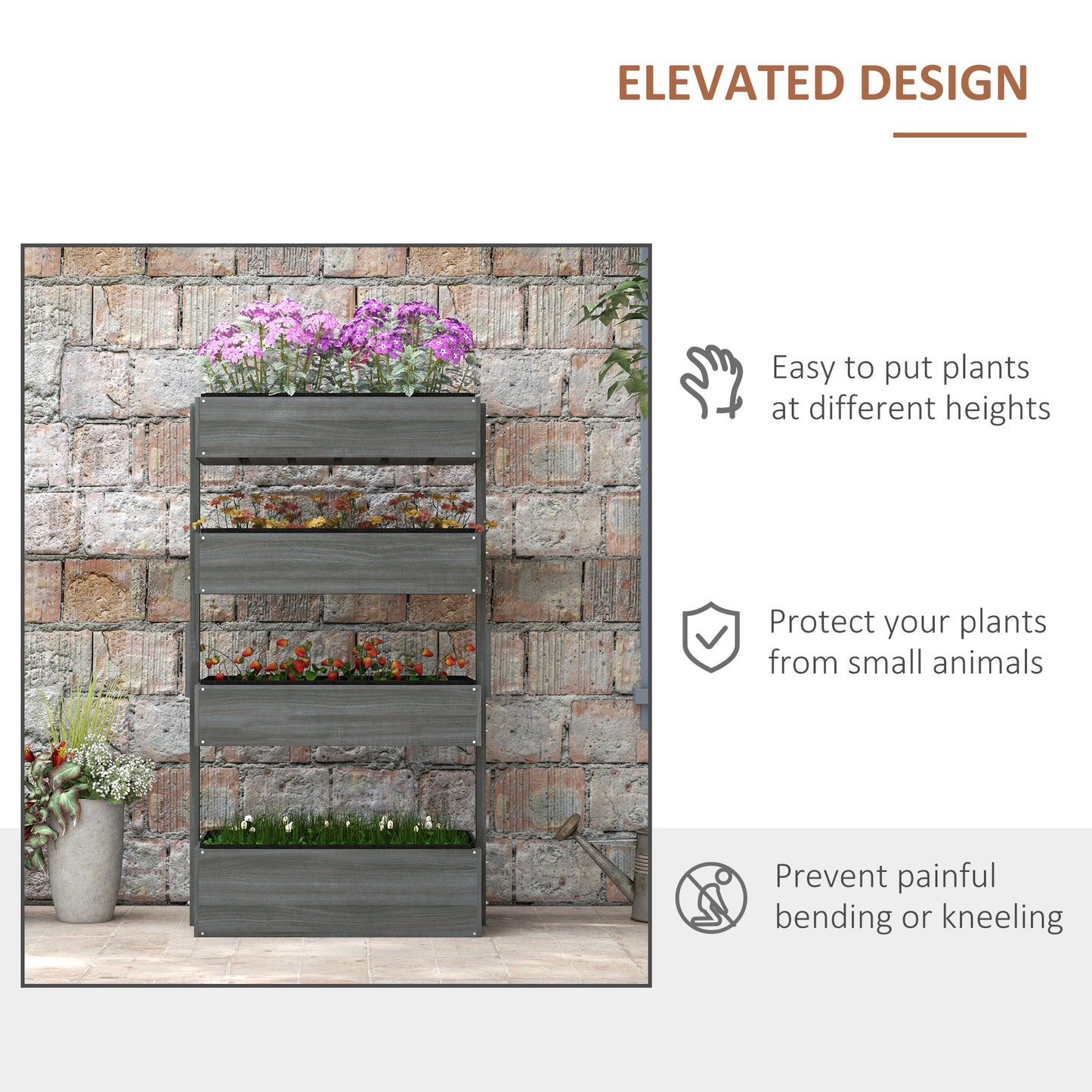 Outsunny Four Tier Wooden Plant Stand With Four Planter Boxes Grey Fir Wood Weather Resistant Garden Decor