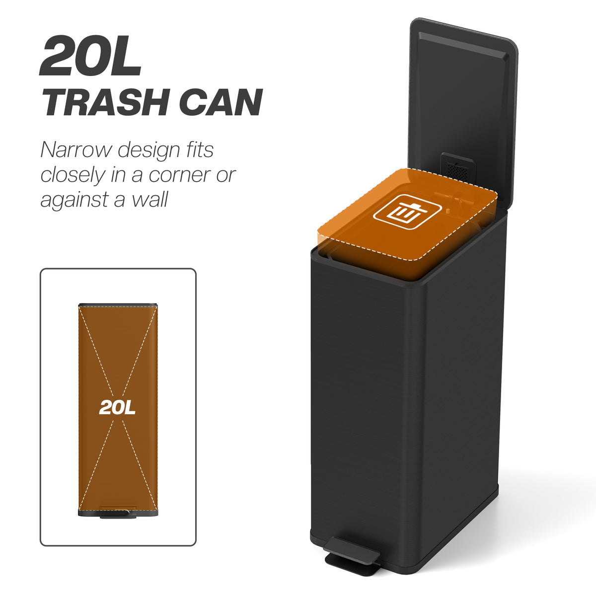 Black 20L narrow trash can with lid and foot pedal, shown at an angle.