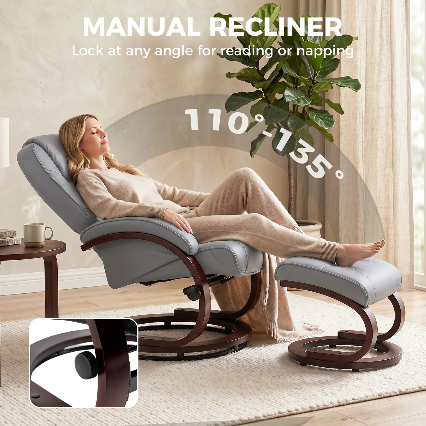 HOMCOM Swivel Recliner Chair With Footstool In PU Leather Adjustable Back Wood Frame Grey