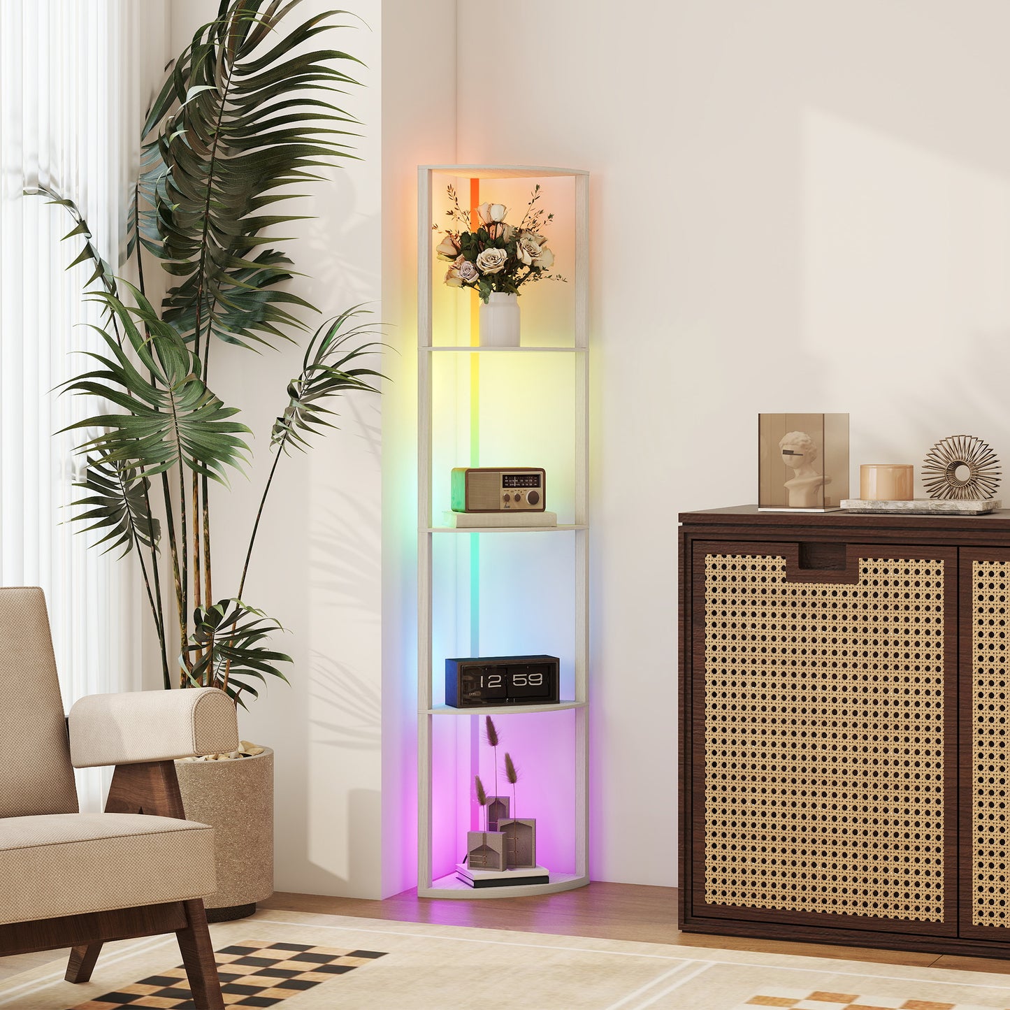 HOMCOM RGB LED Floor Lamp With Shelves Oak Finish 4 Tier Dimmable Standing Lamp With Remote Control
