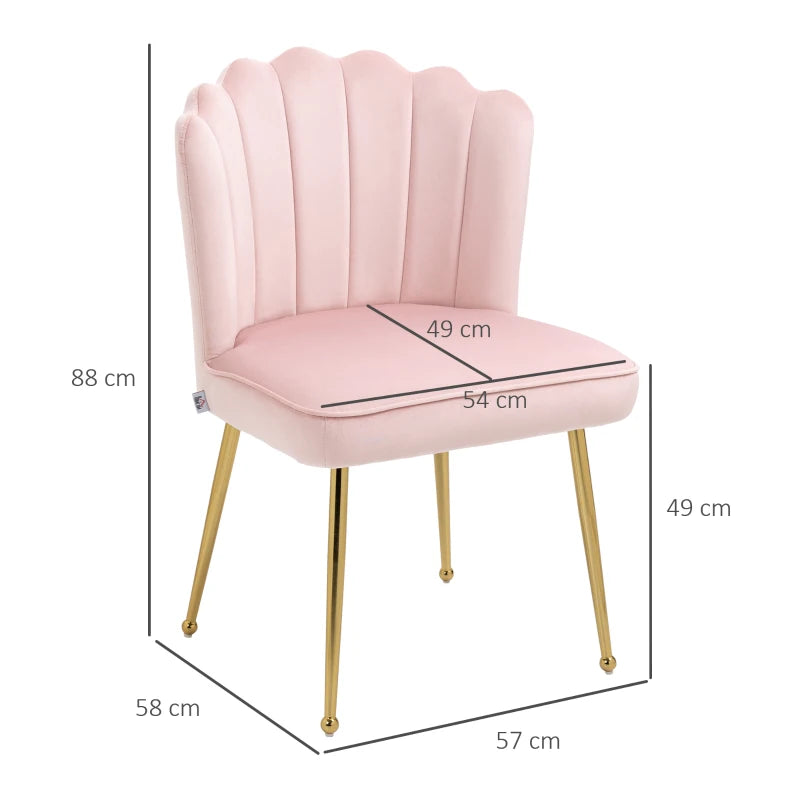 HOMCOM Set of 2 Shell Dining Chairs: Upholstered Kitchen Chairs with Gold Metal Legs and Backrest, Velvet Fabric Lounge Leisure Chairs for Living Room, Reception Room - Pink - ALL4U RETAILER LTD