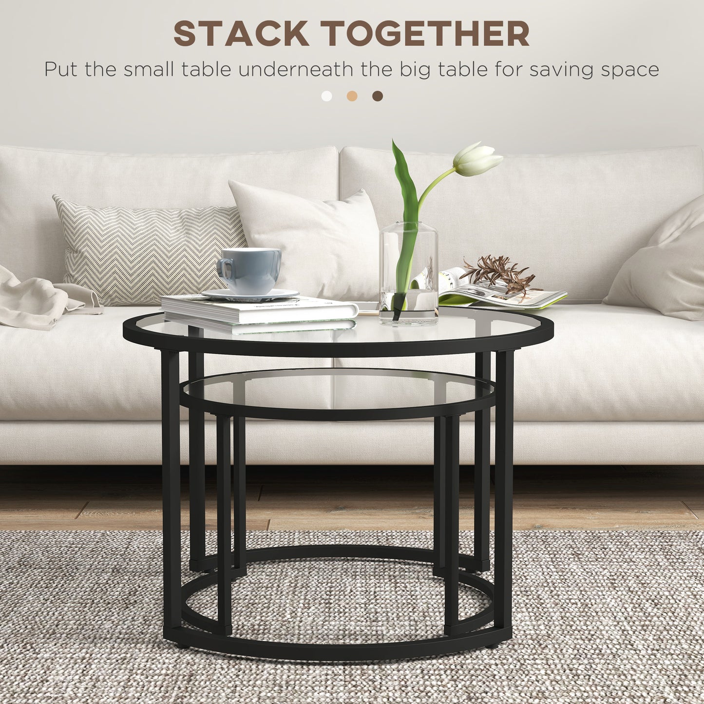 HOMCOM Modern Black Nesting Glass Coffee Tables Set of 2 with Steel Frame for Living Room - ALL4U RETAILER LTD