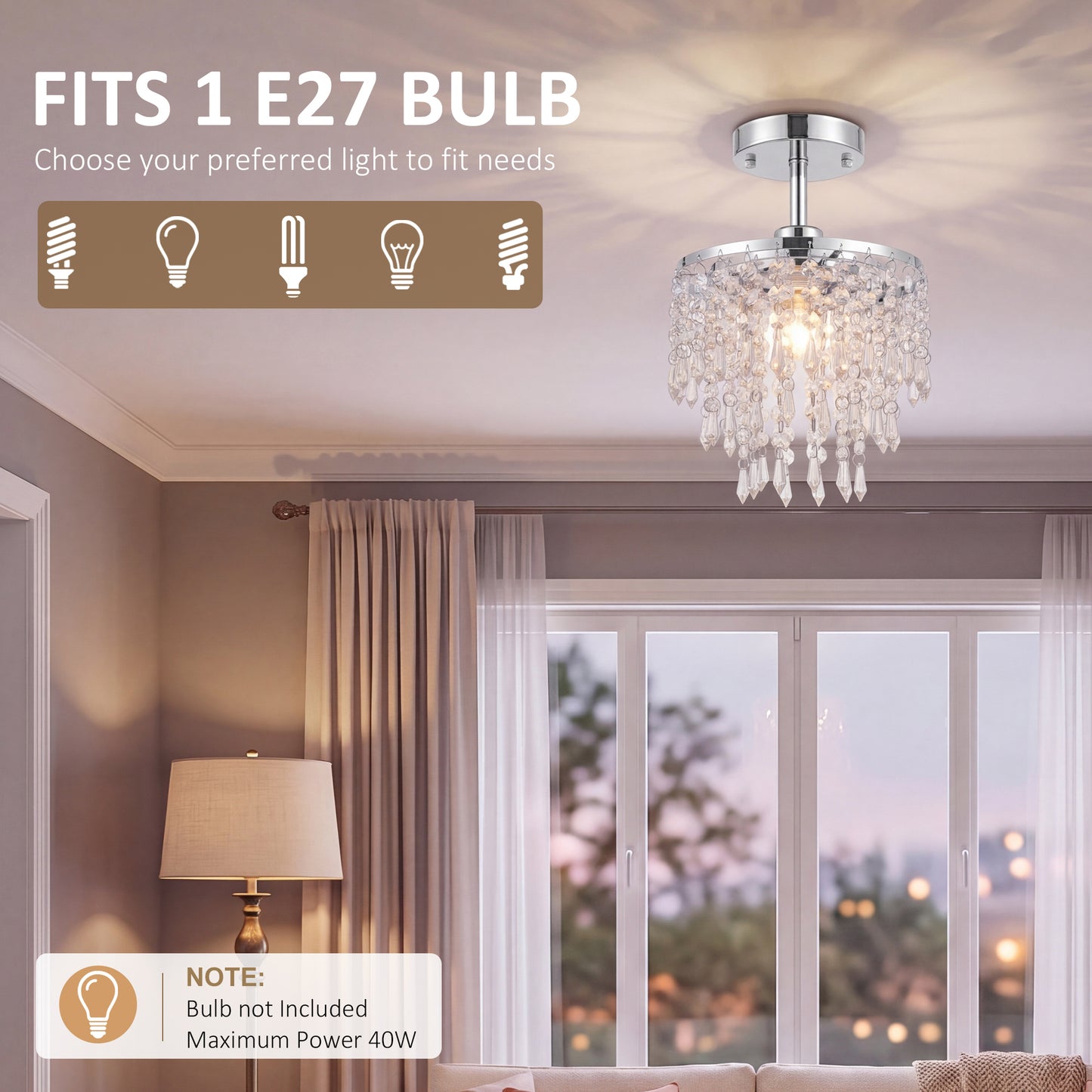 HOMCOM Crystal Ceiling Light With 57 Strands For Hallway Silver Tone