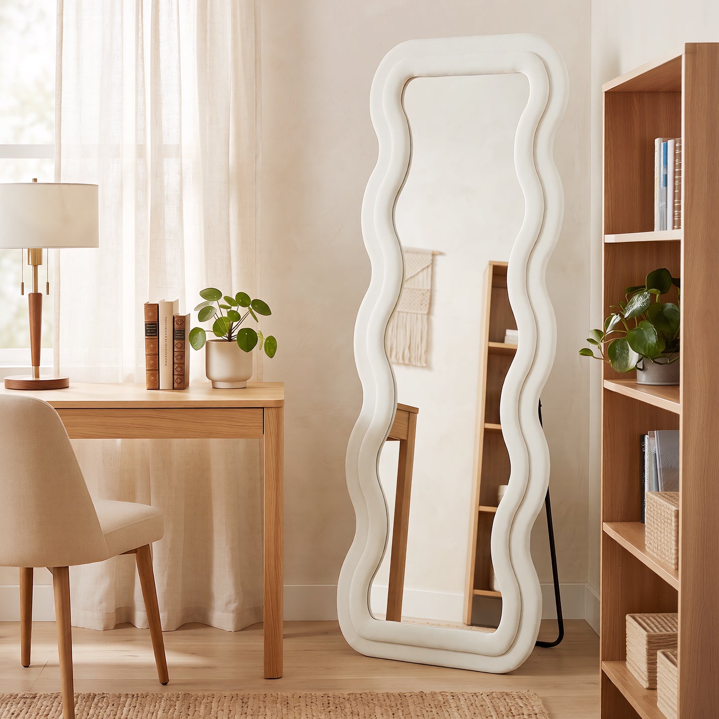 HOMCOM Full Length Mirror 160 x 60 cm Wavy Velvet Frame Wall Standing Mirror With Tempered Glass Cream White