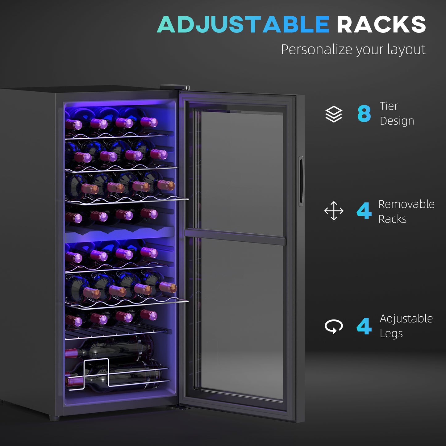 HOMCOM 32 Bottle Dual Zone Wine Fridge Black With Temperature Range Five To Eighteen Celsius And Eight Full Length Racks
