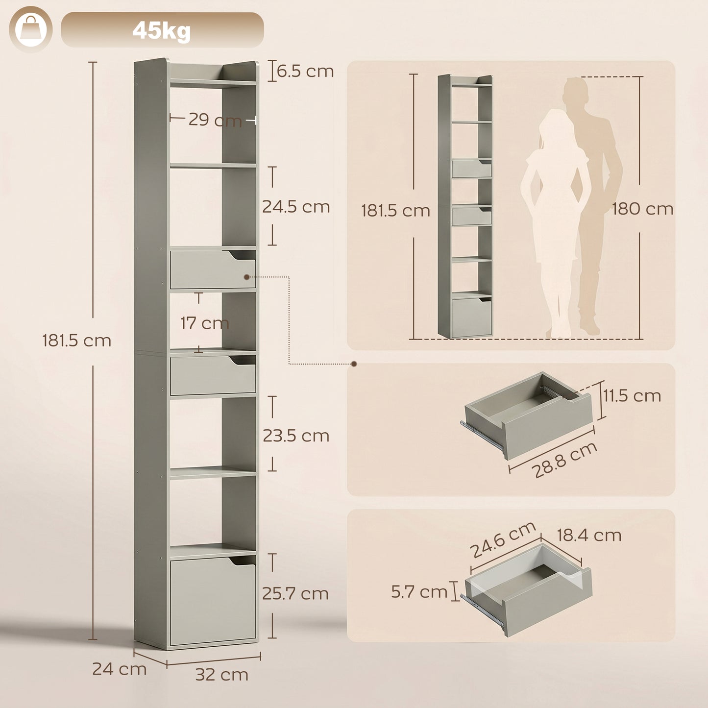 HOMCOM Tall Narrow Bookcase With 5 Tiers And Drawers Freestanding Storage Cabinet For Living Room Grey