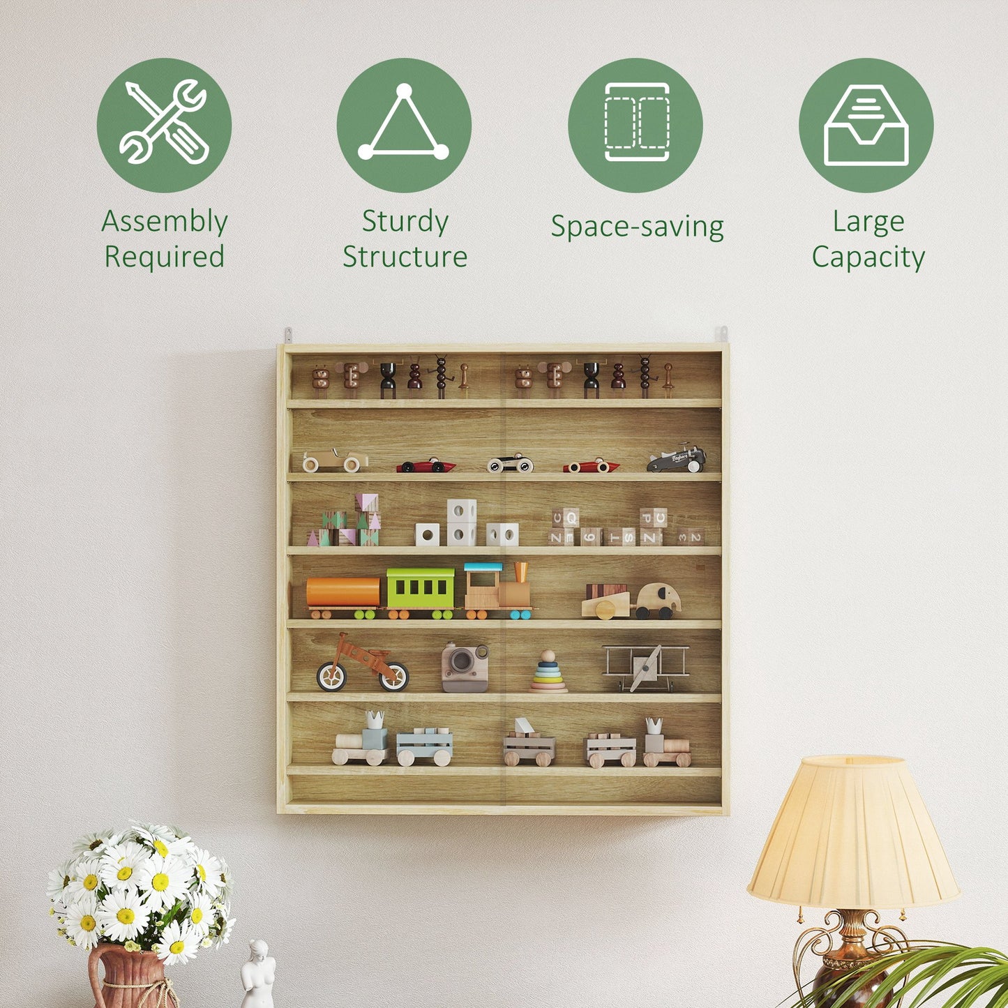 HOMCOM Six Shelf Display Cabinet With Glass Doors Oak Finish For Living Room
