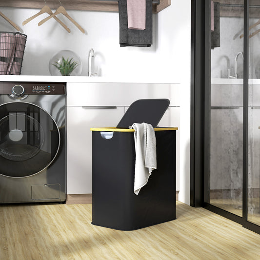 HOMCOM Double Laundry Basket With Lid 80L Collapsible Hamper Twin 40L Compartments For Bathroom Laundry Room