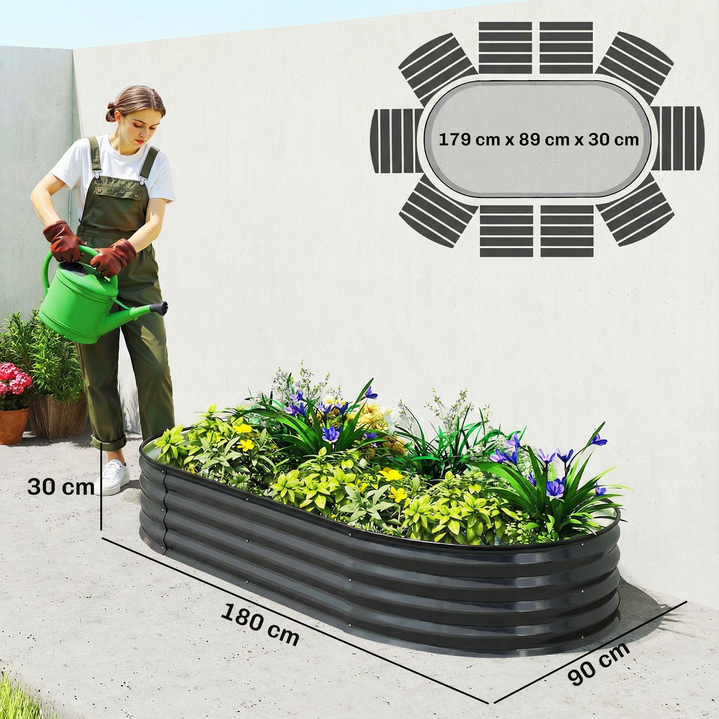 Outsunny Galvanised Raised Garden Bed With Safety Edging Planter Box For Flowers Herbs Succulents Dark Grey