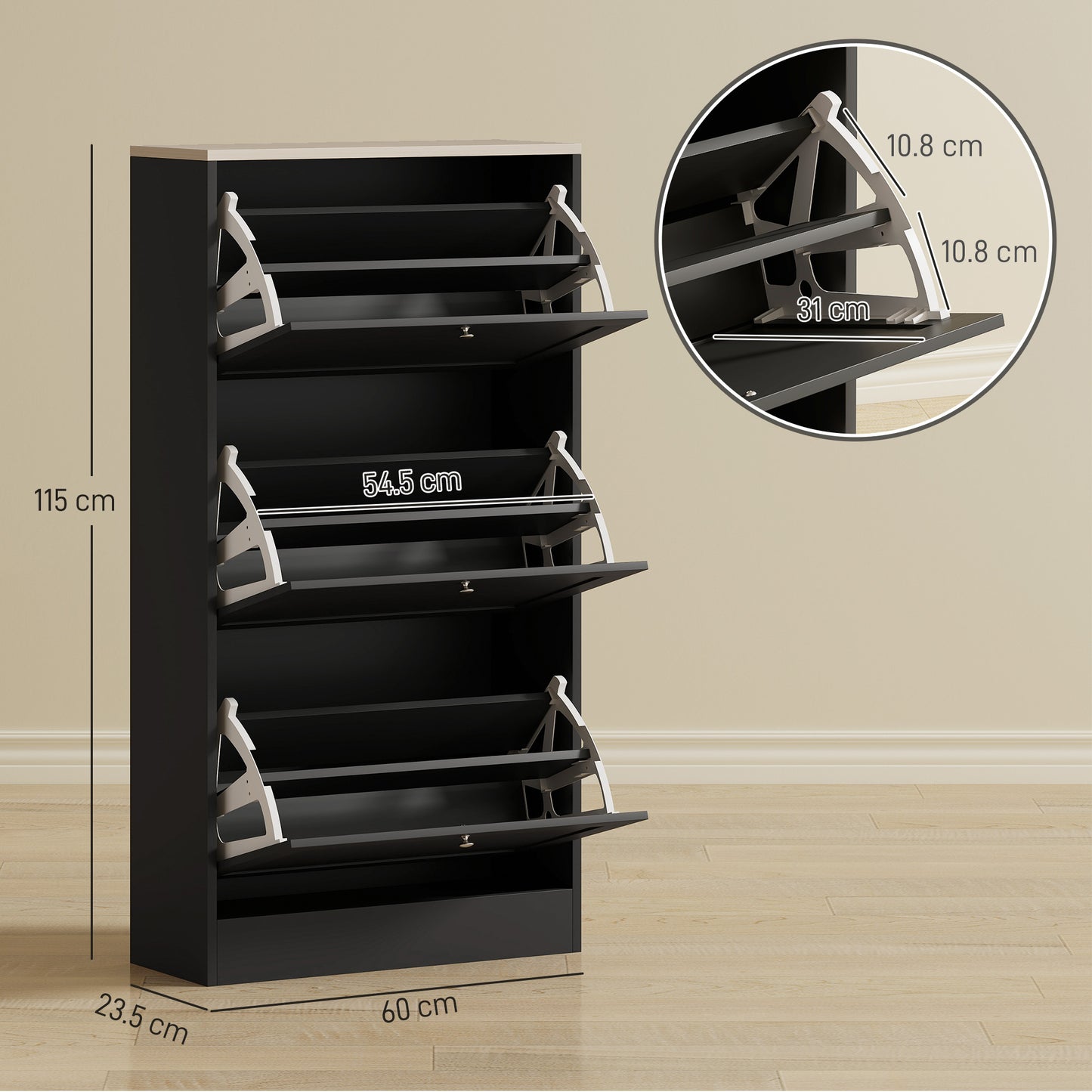HOMCOM Modern Compact Three Drawer Shoe Storage Cabinet Black With Adjustable Shelves