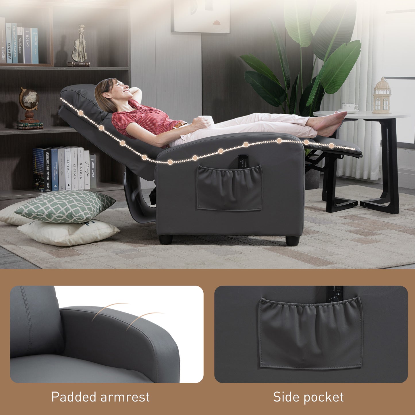 HOMCOM Recliner Armchair Massage Faux Leather Push Back Reclining Chair with Adjustable Leg Rest and Side Pocket Grey