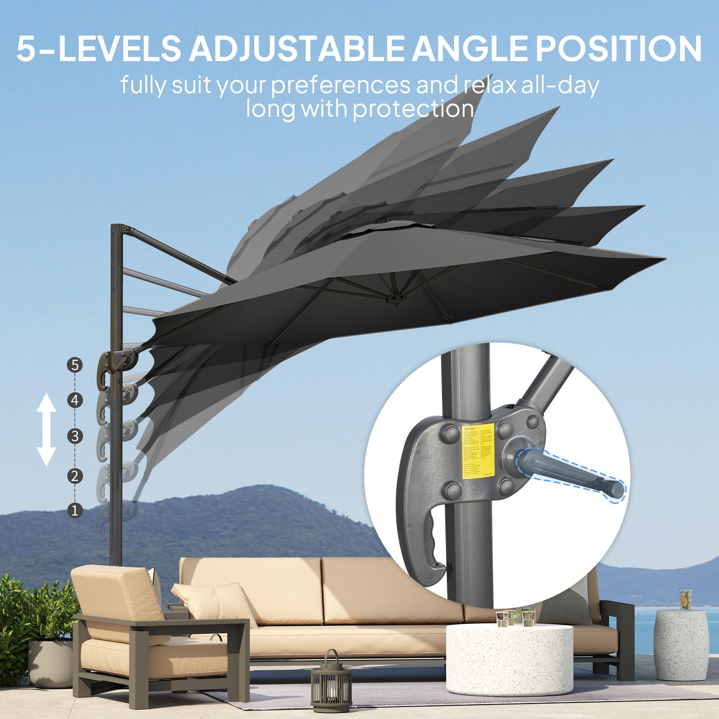 Outsunny 3x3m Overhanging Cantilever Parasol Black With Aluminium Frame 360 Degree Sideways Tilt And Multi Angle Canopy