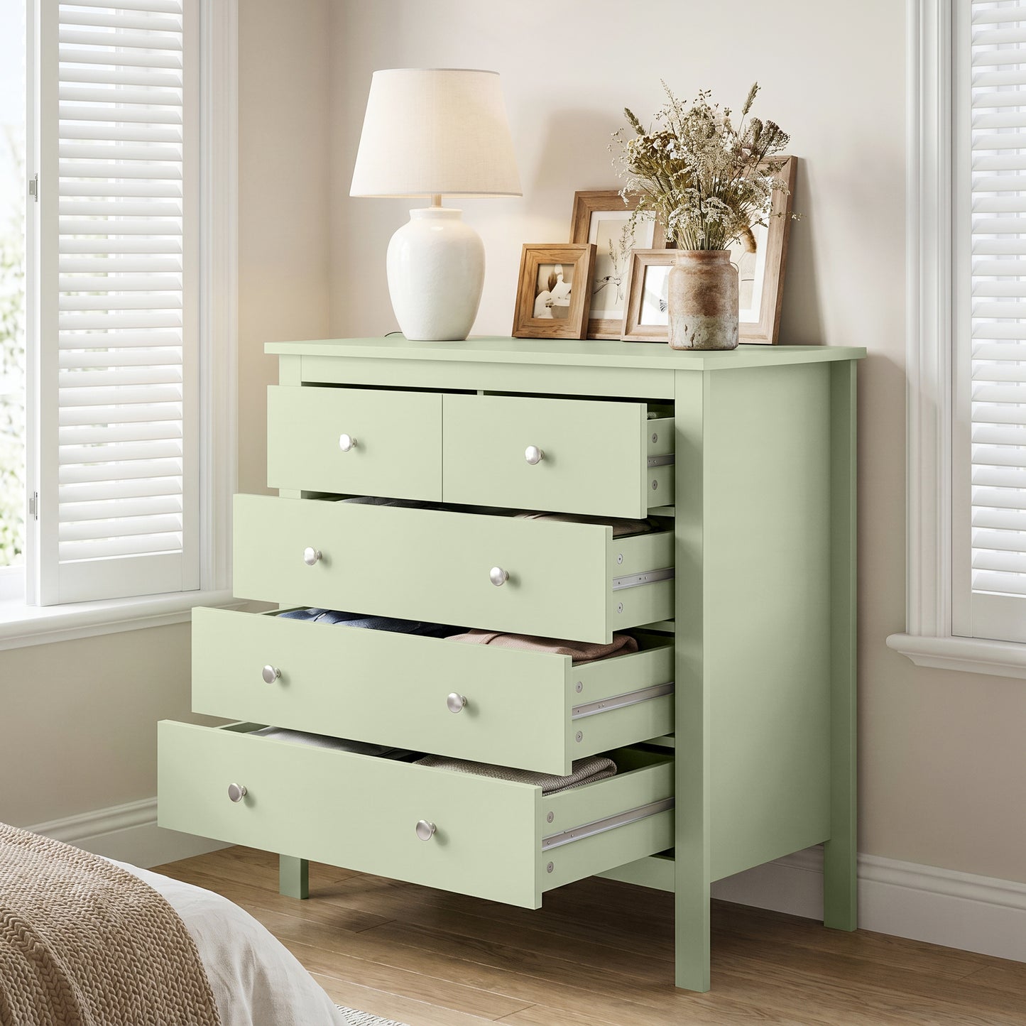 HOMCOM 5 Drawer Dresser Sage Green Modern Chest Of Drawers Wide Storage Unit For Bedroom Living Room Hallway