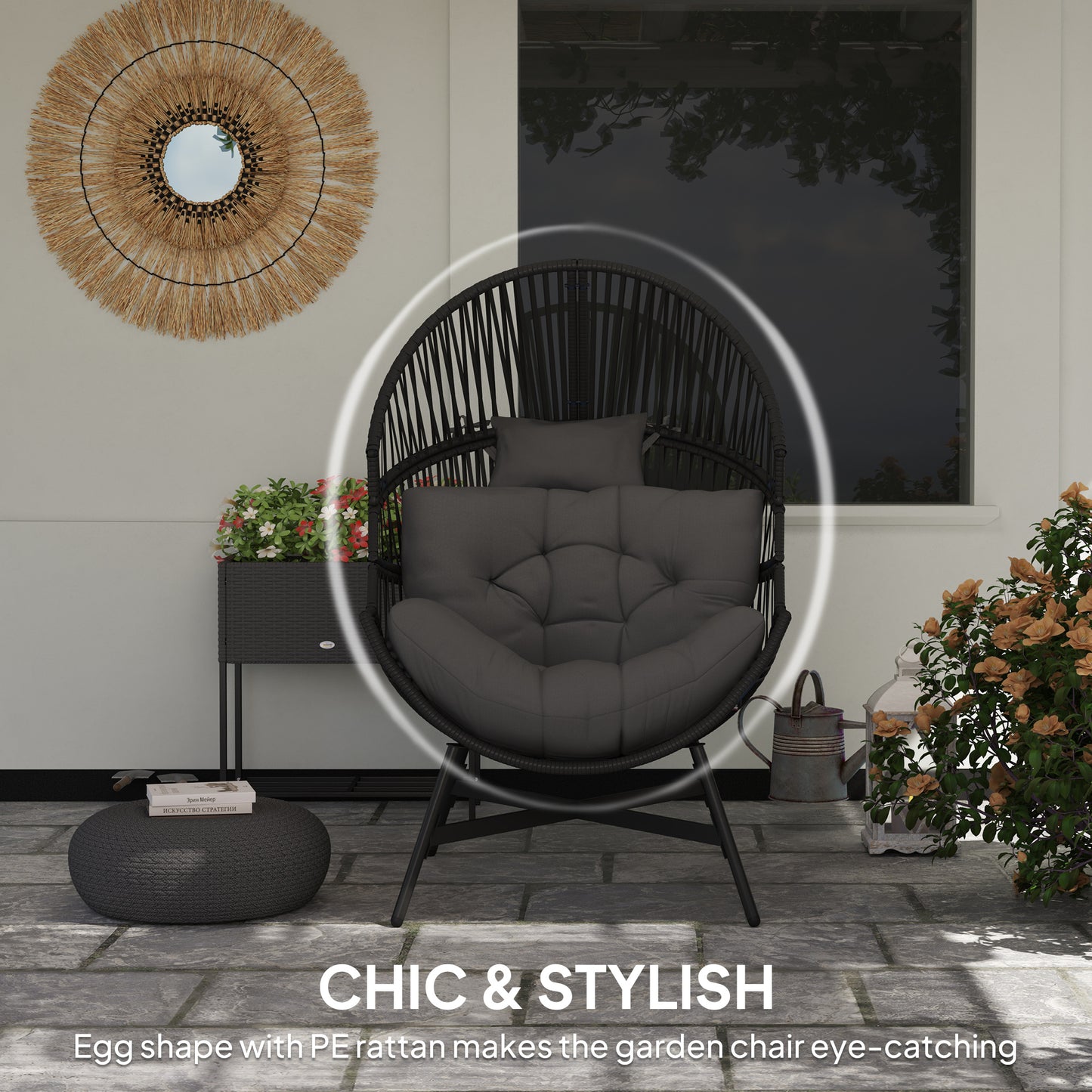 Outsunny Rattan Egg Chair Oversized Freestanding Garden Chair with Thick Tufted Cushion and Headrest Charcoal Grey