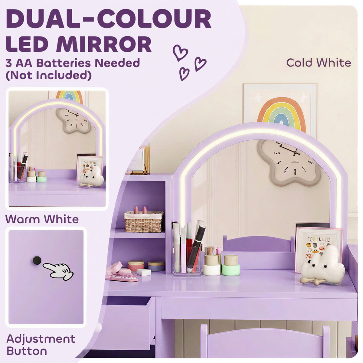 Kids Vanity Table Chair Set Led Mirror Storage Cabinet Purple