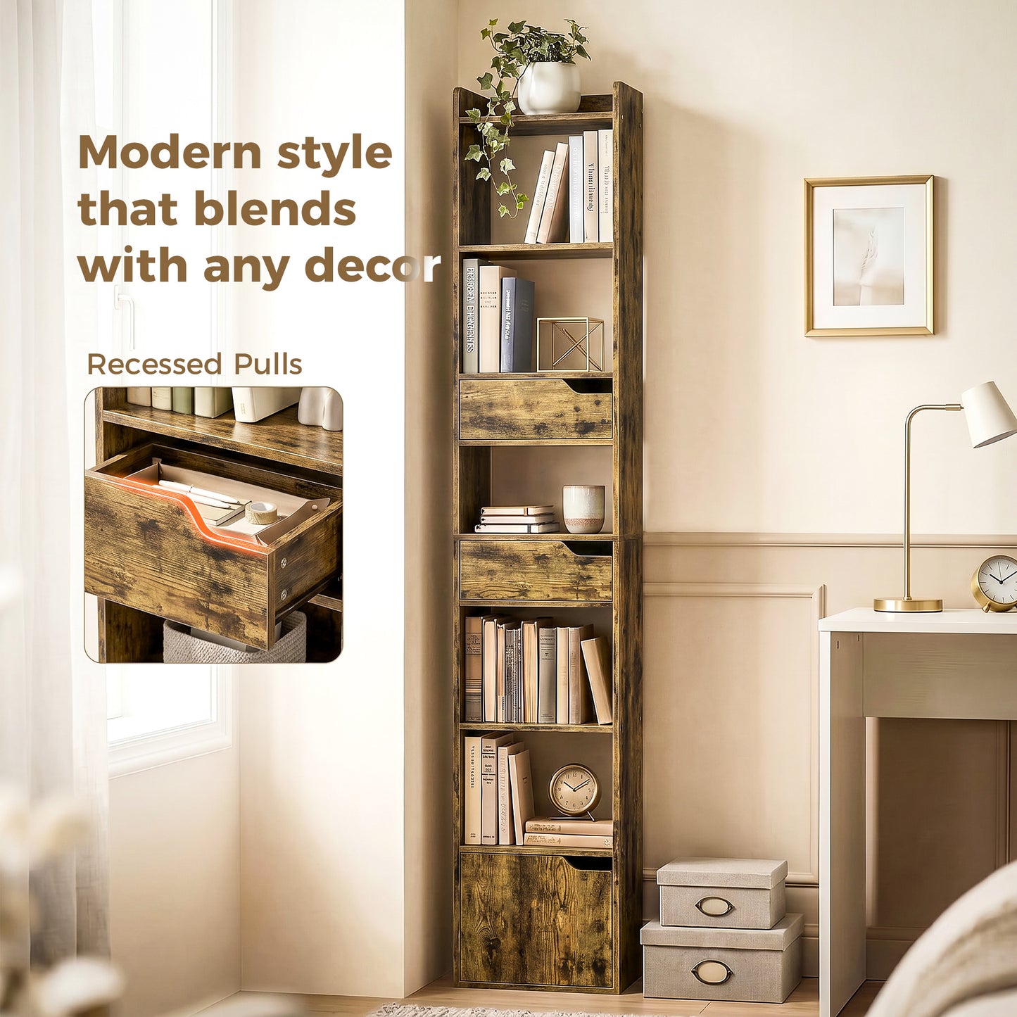 HOMCOM Tall Narrow Bookcase With 5 Tiers Drawers Freestanding Bookshelf Storage Cabinet for Living Room Rustic Brown