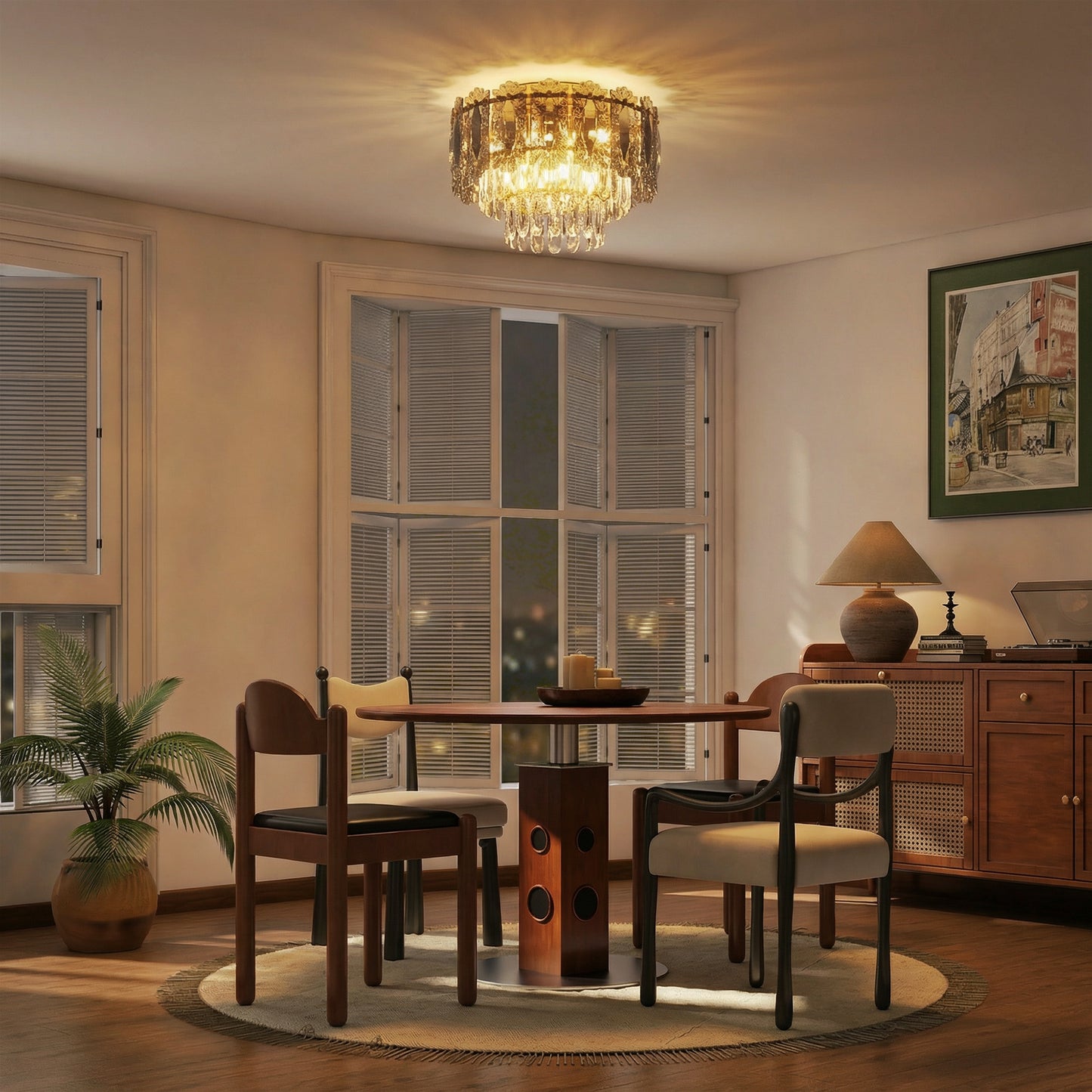 HOMCOM Chandelier Ceiling Light 3 Light Flush Mount LED Fixture With Dual Crystal And Smoke Glass Shade Gold Tone
