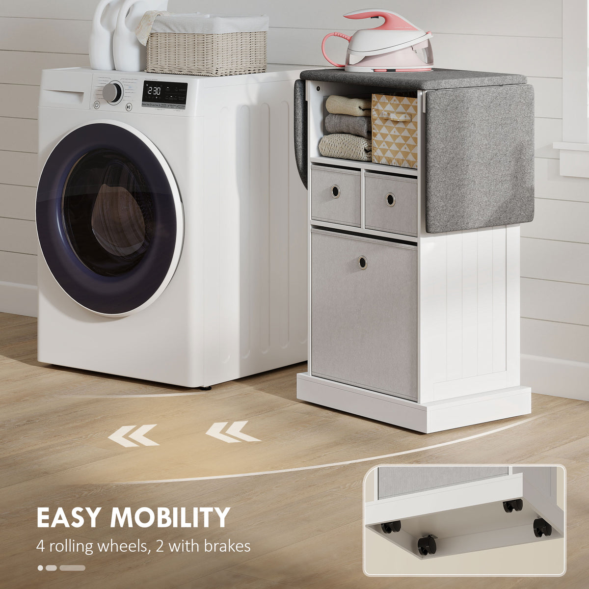 HOMCOM Mobile Ironing Board Cabinet With Wheels, Foldable Top, White