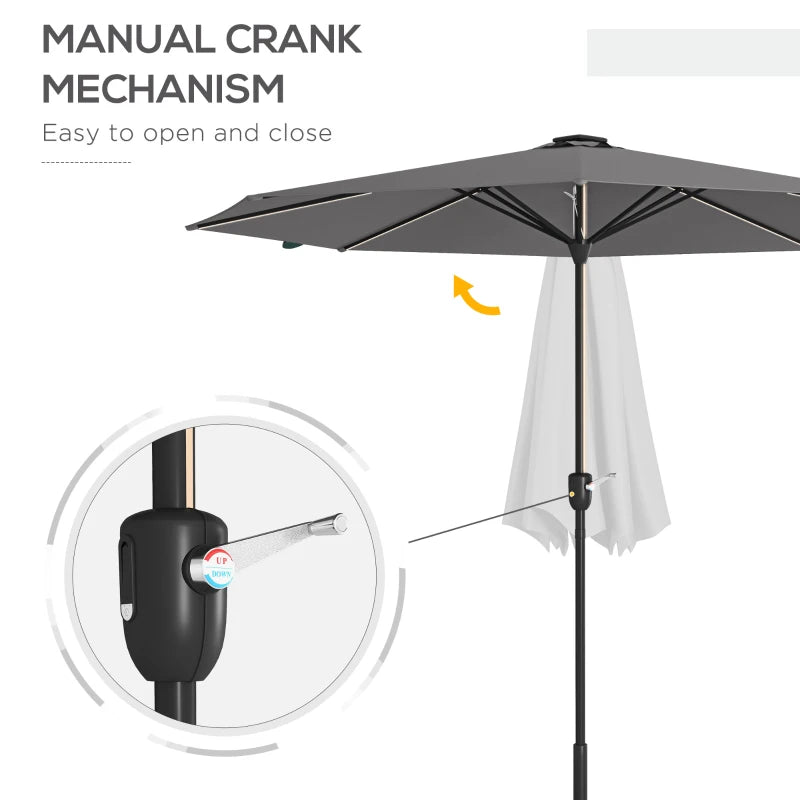 Outsunny Charcoal Grey Garden Parasol with LED Lights, Solar Charged Patio Umbrella - Outdoor Umbrella with Crank Handle for Enhanced Lighting and Convenience