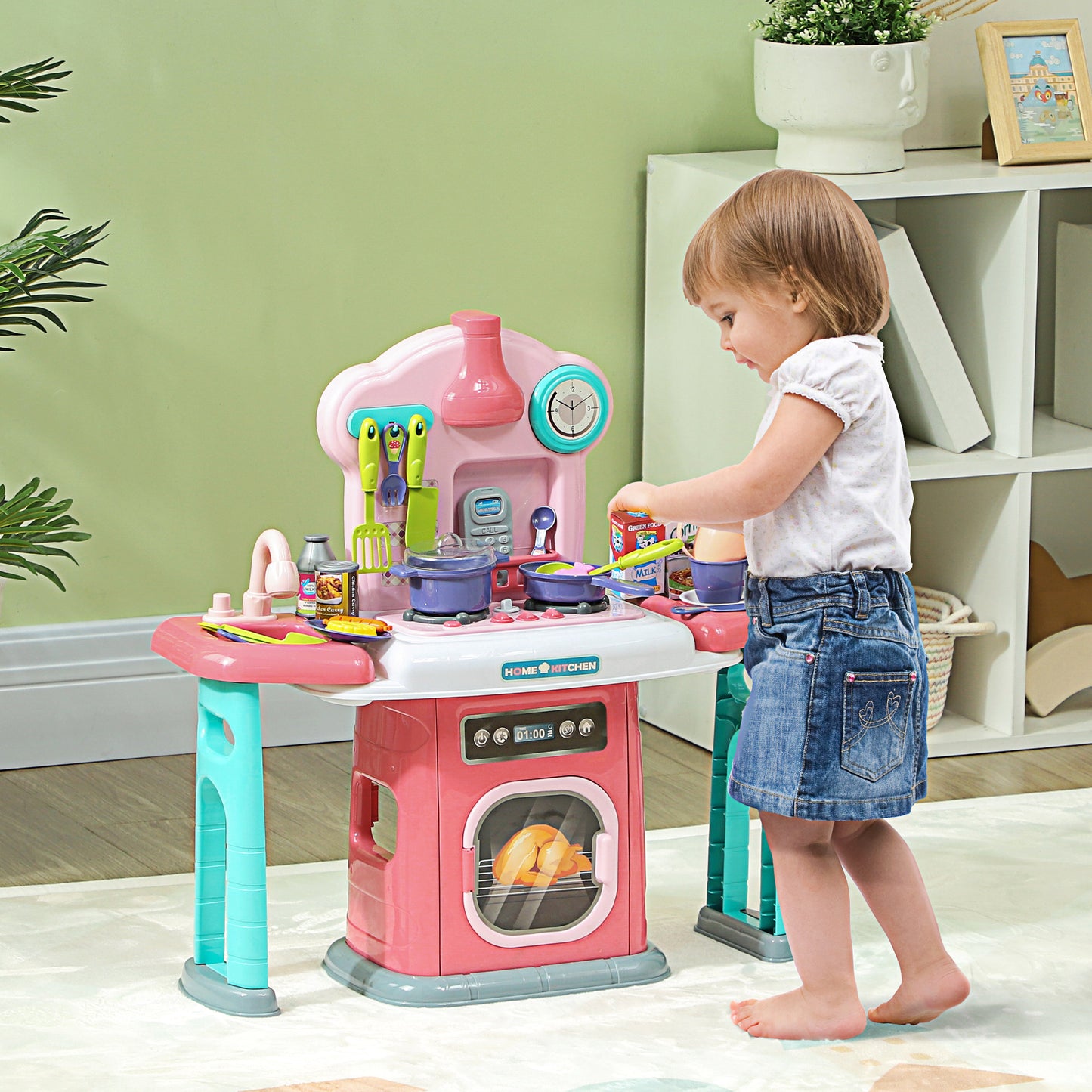 AIYAPLAY Toddler Pretend Play Kitchen Set with 45 Accessories, Light, Sound, and Spray Effects - Pink Kitchen for Kids Aged 3-6 Years - ALL4U RETAILER LTD