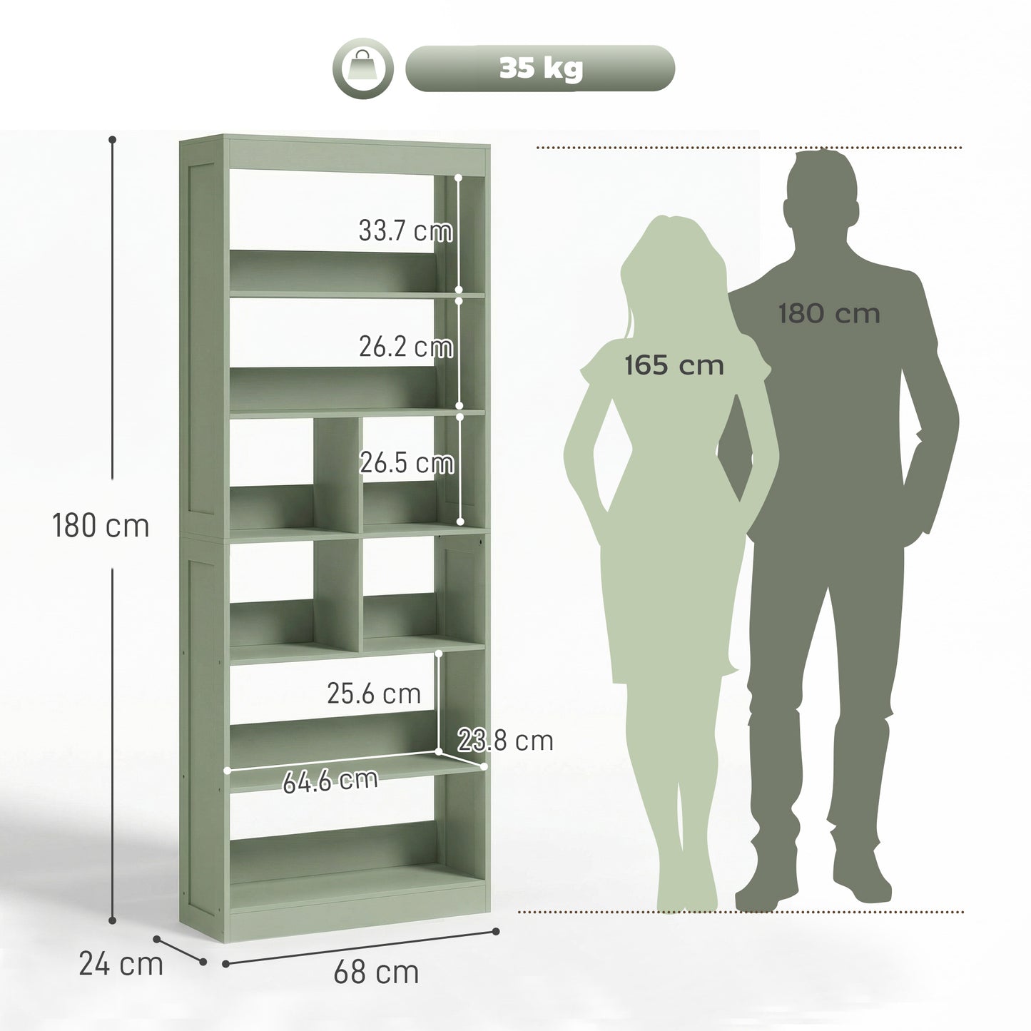 HOMCOM Six Tier Bookcase With Open Storage Shelves And Cubes 180 Cm Tall Green Anti Tipping Display Shelf