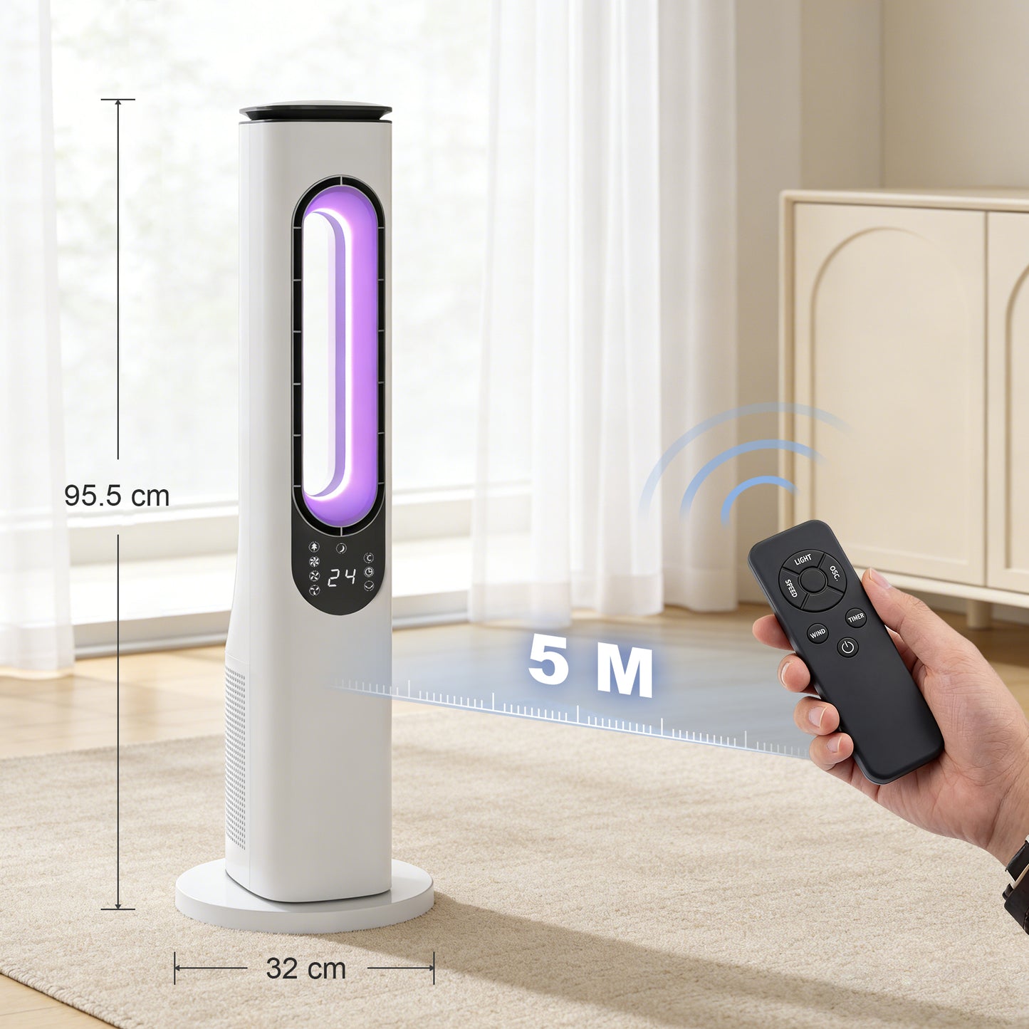 HOMCOM Bladeless Tower Fan Bedroom Quiet 35 dB Sleep Mode 50 Degree Oscillation LED Display 3 Speeds 15 Hour Timer White