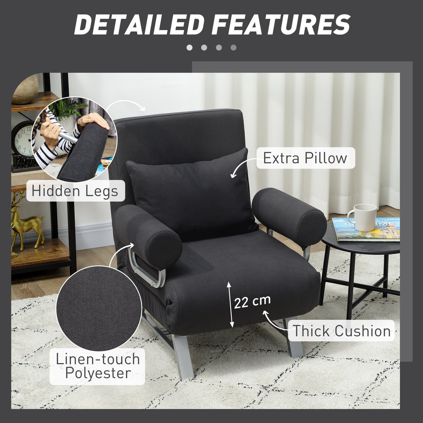 HOMCOM 3-In-1 Sofa Bed Convertible Chair Bed With Adjustable Backrest And Removable Armrests For Small Spaces Black