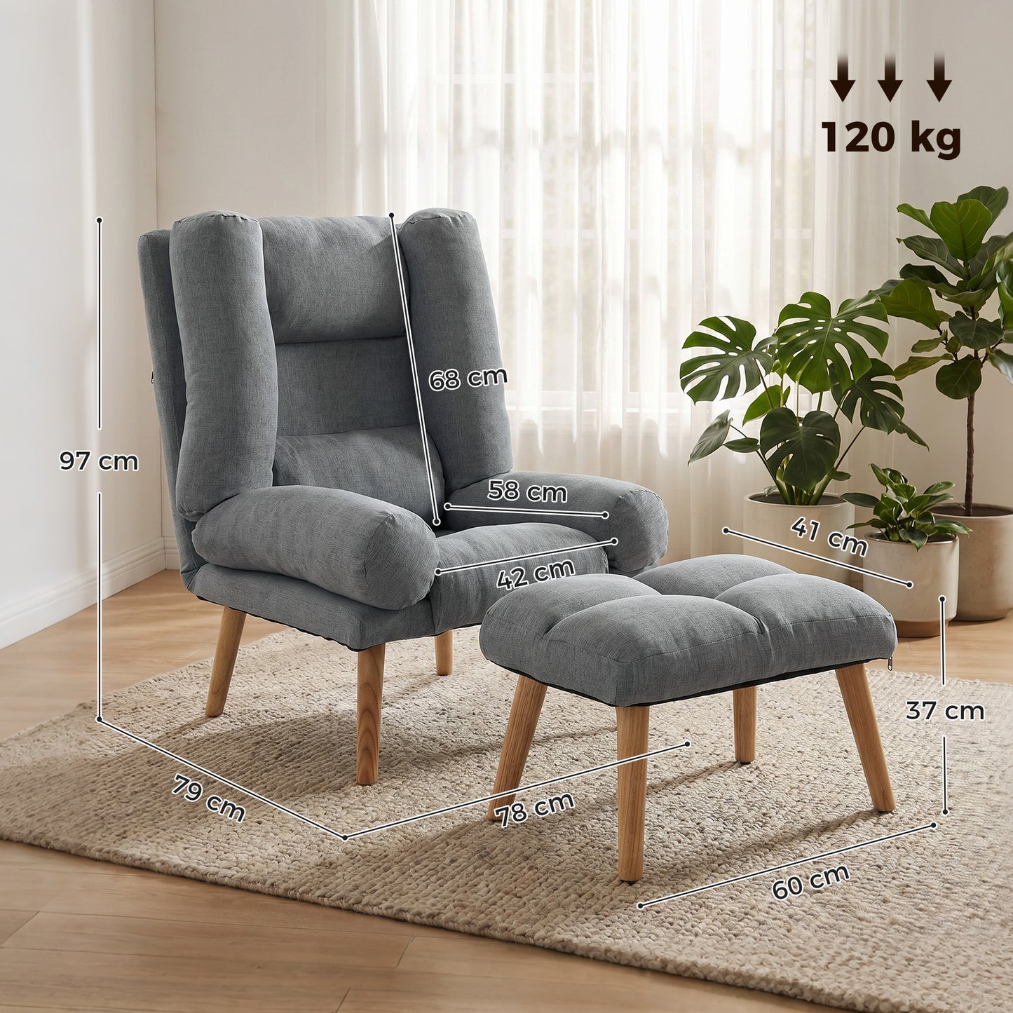 HOMCOM Recliner Chair With Footstool Adjustable Backrest Thick Cushion And Wooden Legs Grey