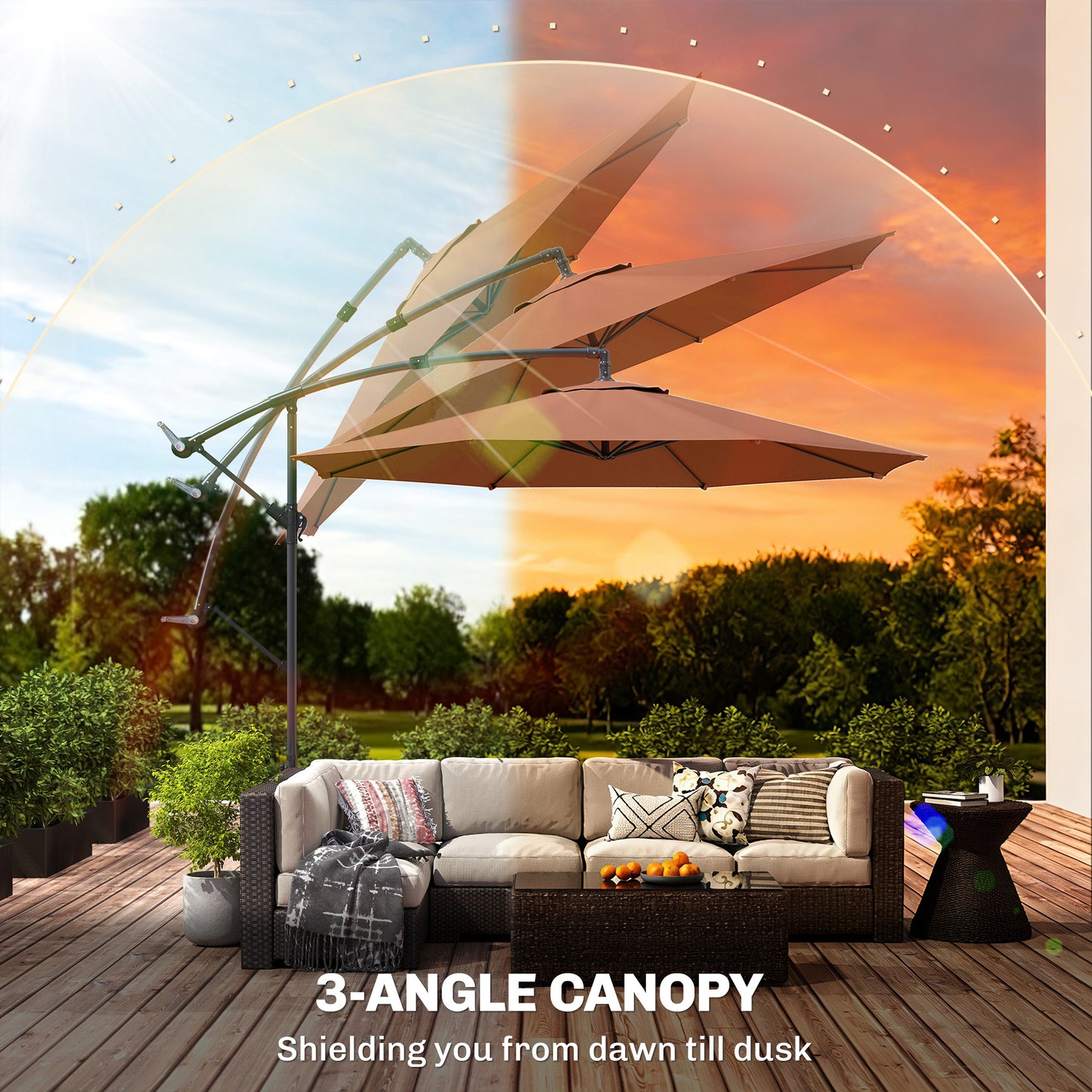 Outsunny Three Meter Overhanging Cantilever Parasol With Cross Base Coffee UV Resistant Fabric