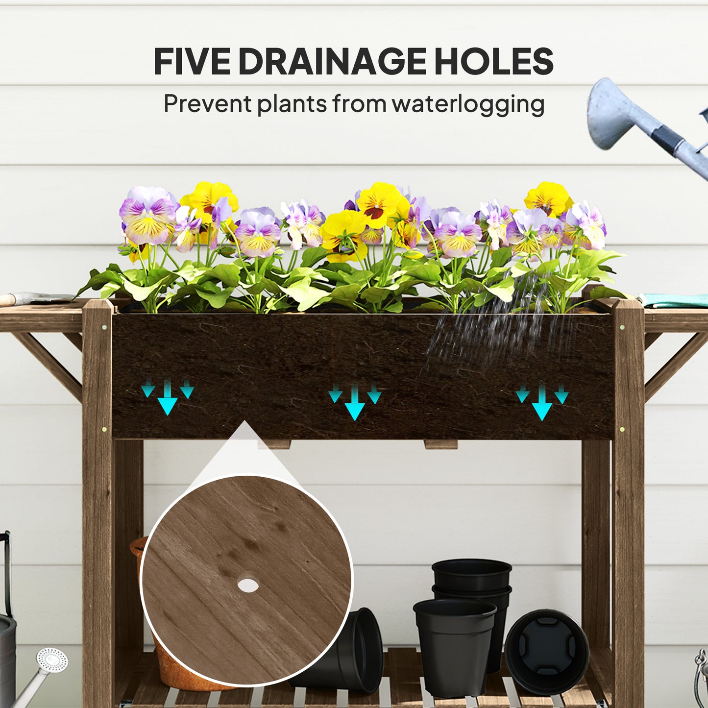 Outsunny 46 x 94 Cm Wooden Raised Planter With Shelves Carbonised Finish For Garden
