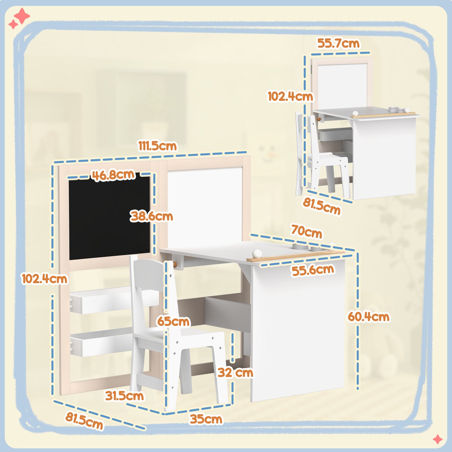 AIYAPLAY 3 In 1 Kids Table And Chair Set With Storage Whiteboard Blackboard And Roll Paper For Ages 3 To 8 White