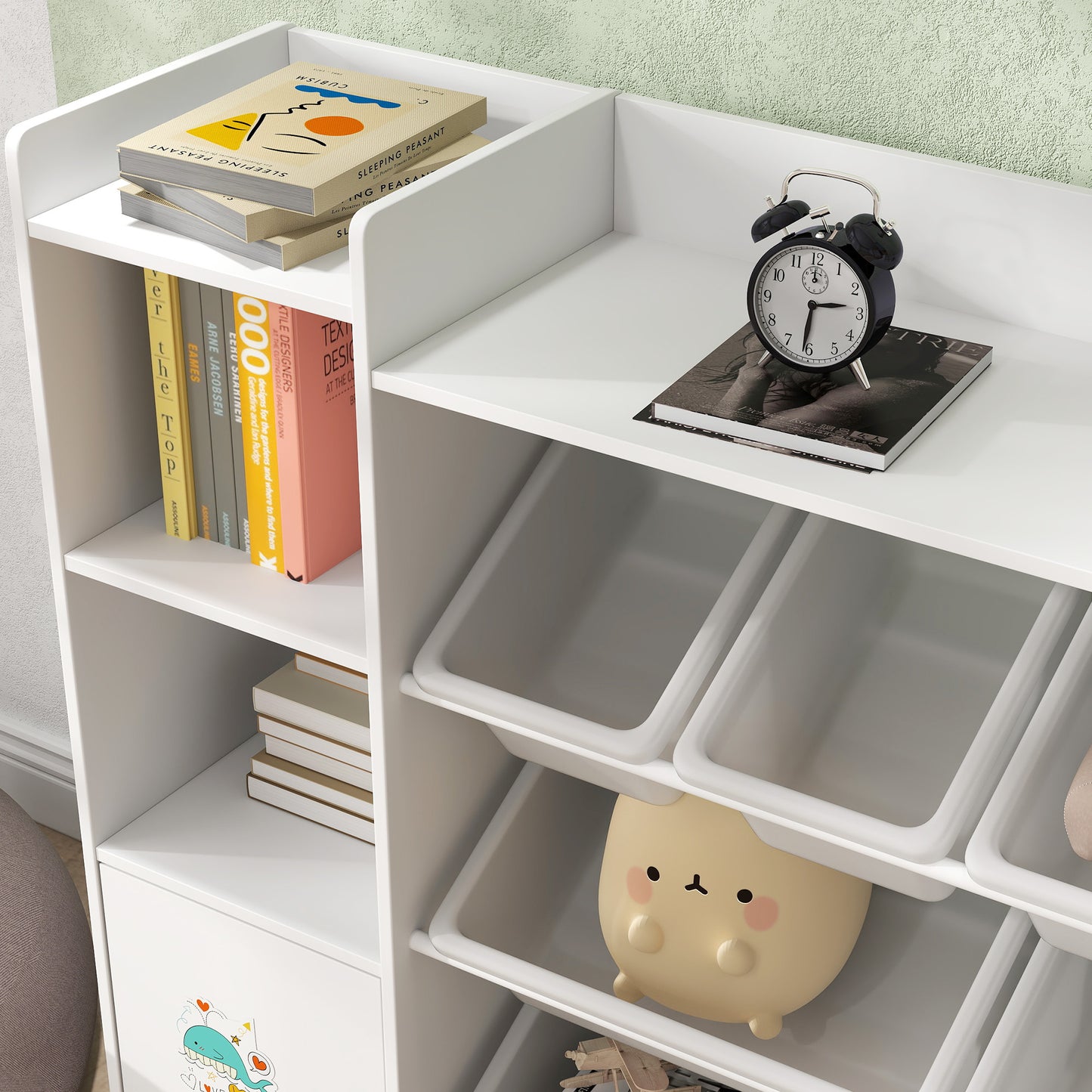 AIYAPLAY 3 In 1 Kids Toy Organizer And Storage With Eight Removable Bins And Bookshelf White