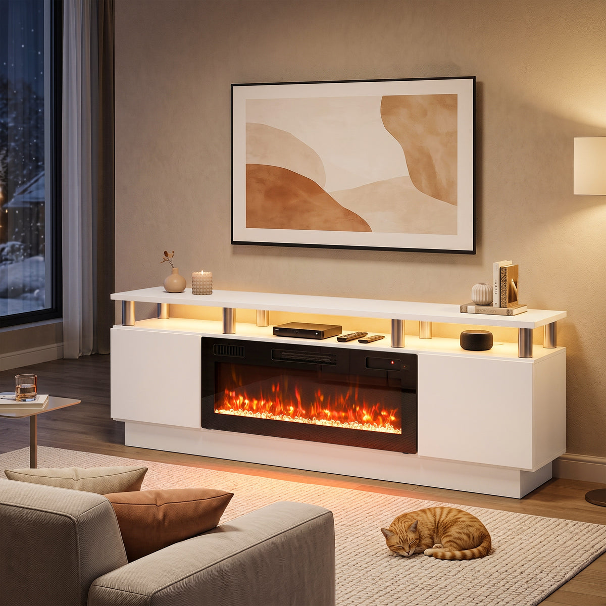 White electric fireplace TV stand with central flame display and media shelves, warm light