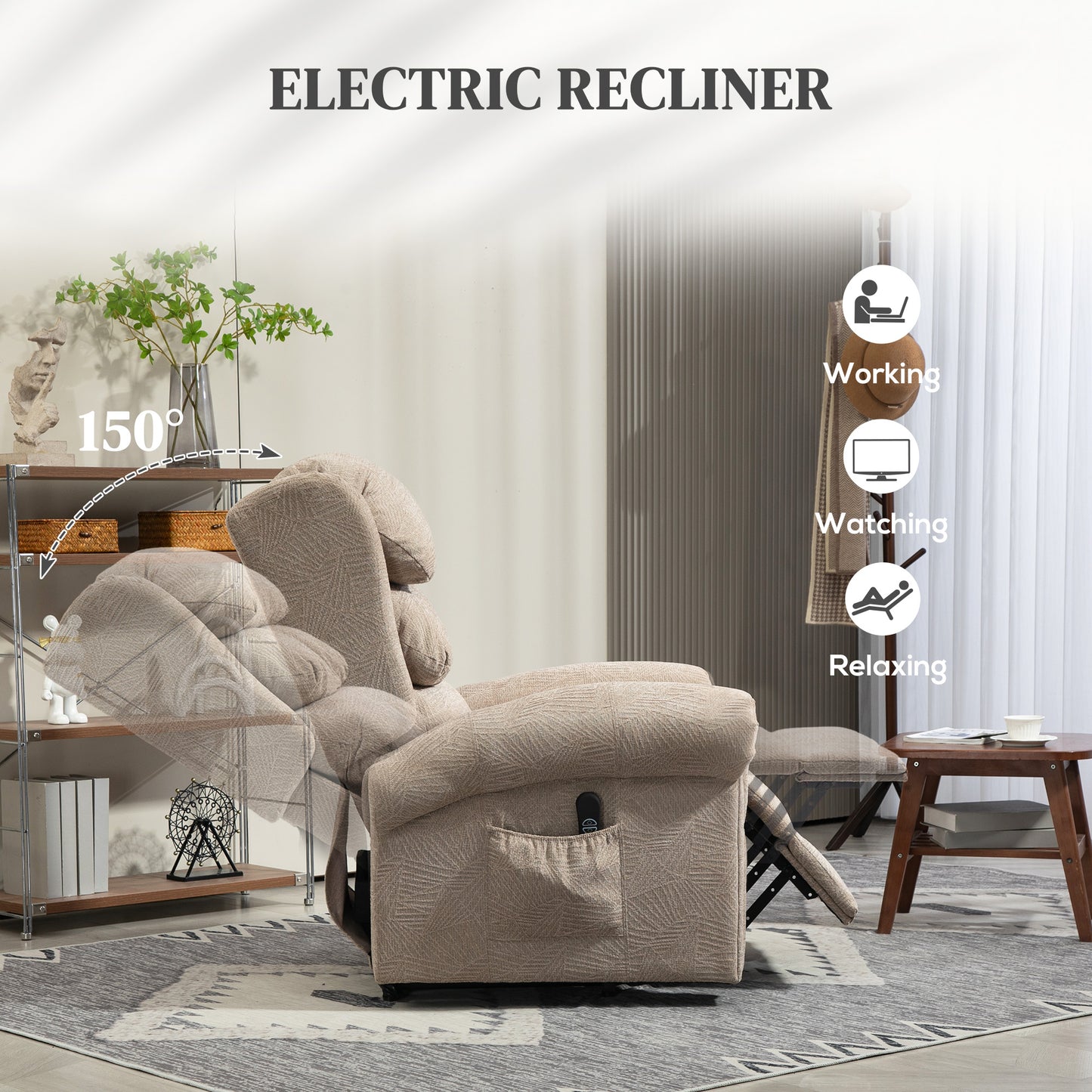 HOMCOM Velvet Feel Electric Riser Recliner Chair Khaki With Power Lift And Easy Access Button