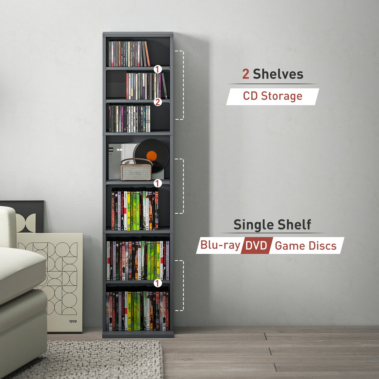 HOMCOM 260 Narrow CD Storage Unit Grey With Six Adjustable Shelves Holds 260 CDs And 120 DVDs