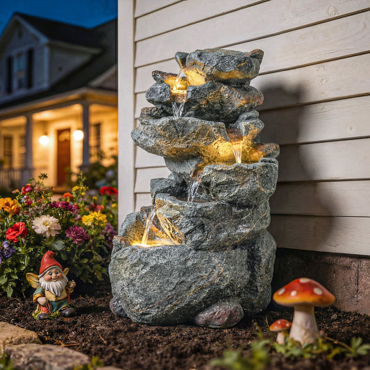 Outsunny 6-Tier Rock Style Outdoor Water Fountain With Cascading Waterfall LED Lights Adjustable Flow Grey