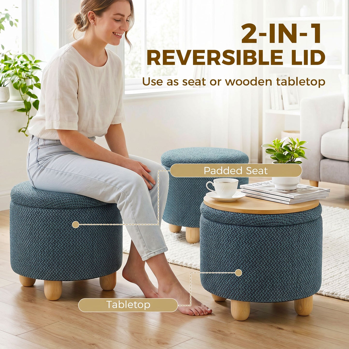 HOMCOM Round Storage Ottoman Bench With Lid Dark Blue Upholstered Footrest And Tabletop Rubberwood Legs