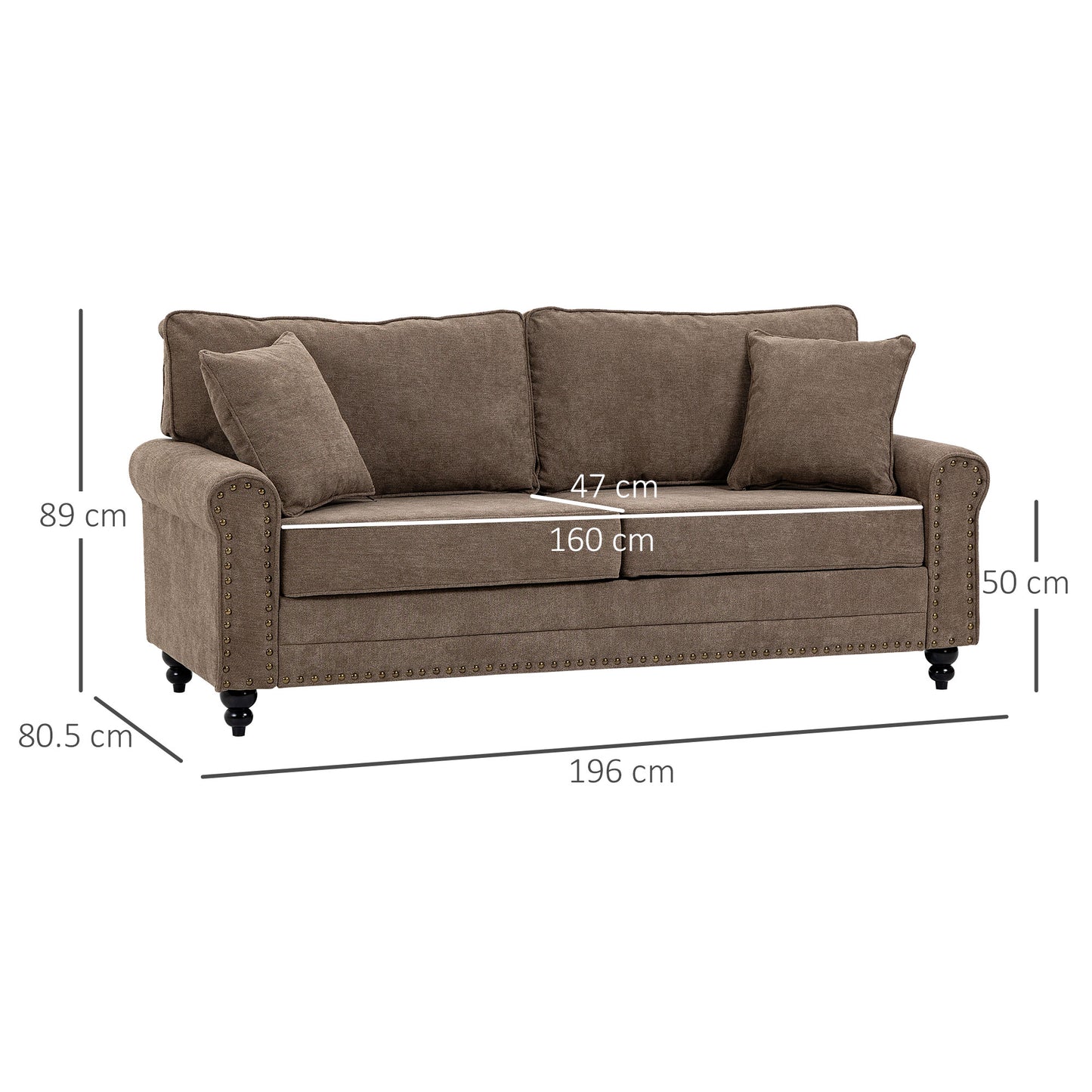 HOMCOM 196cm 3 Seater Fabric Sofa With Rubber Wood Legs Nailhead Trim Two Pillows Upholstered Couch Settee Brown
