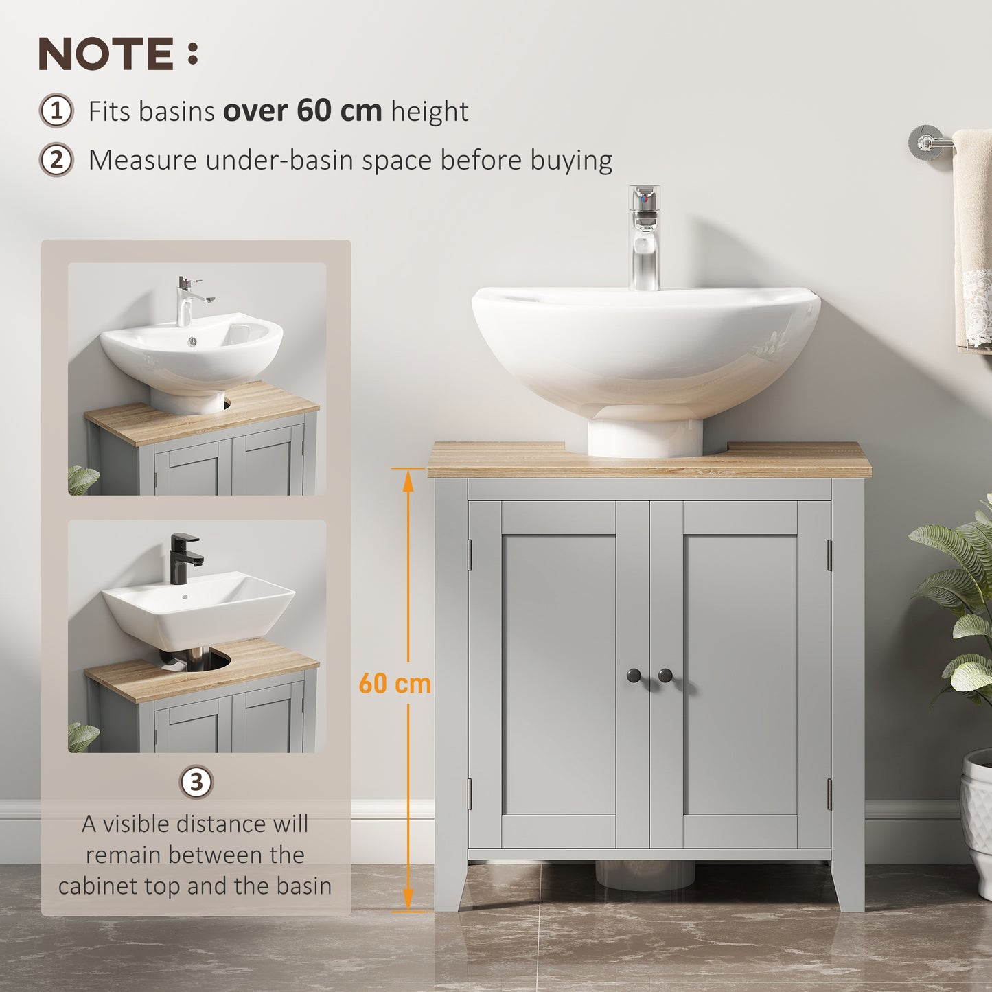 Kleankin Under Sink Cabinet With Two Doors Pedestal Design Freestanding Bathroom Cupboard Grey Adjustable Shelf