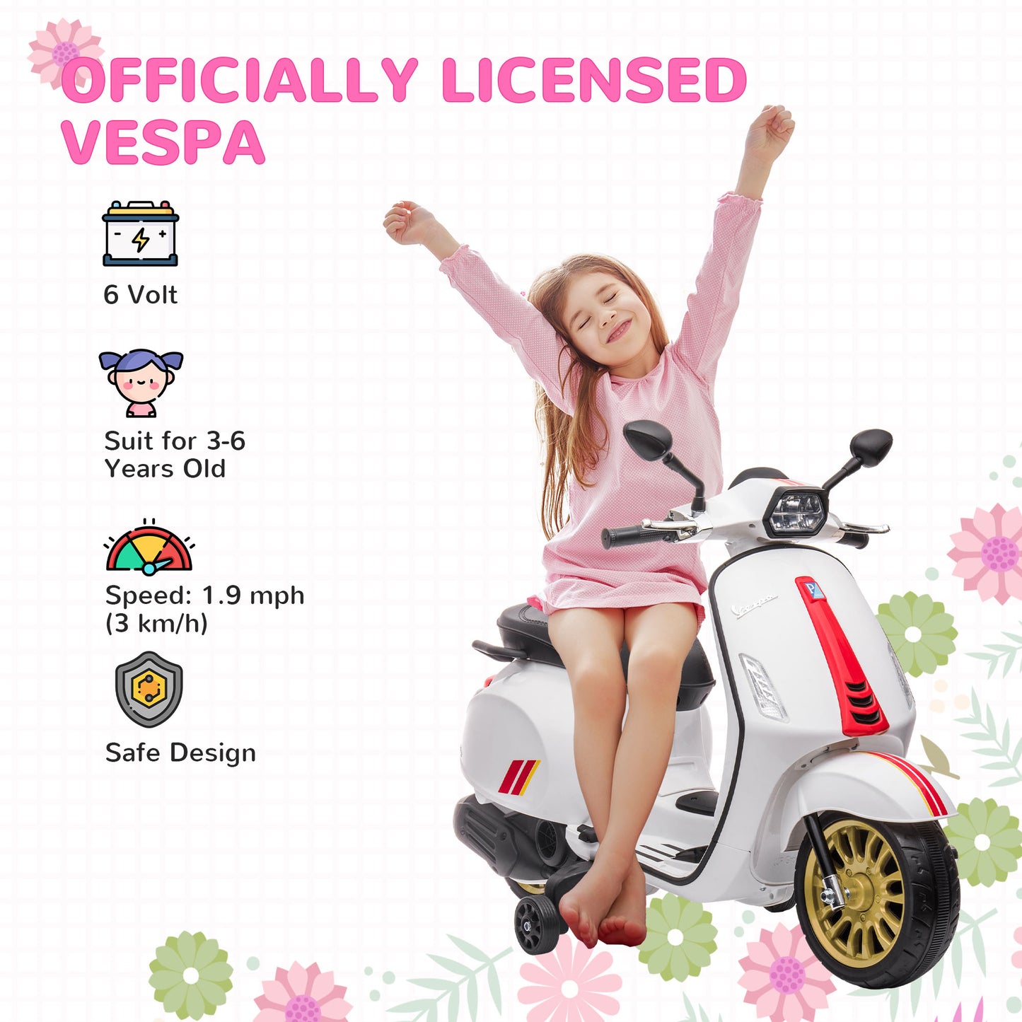 AIYAPLAY Vespa-Inspired 12V Kids Electric Motorbike with Music and Headlights - White, for Ages 3-6 - ALL4U RETAILER LTD