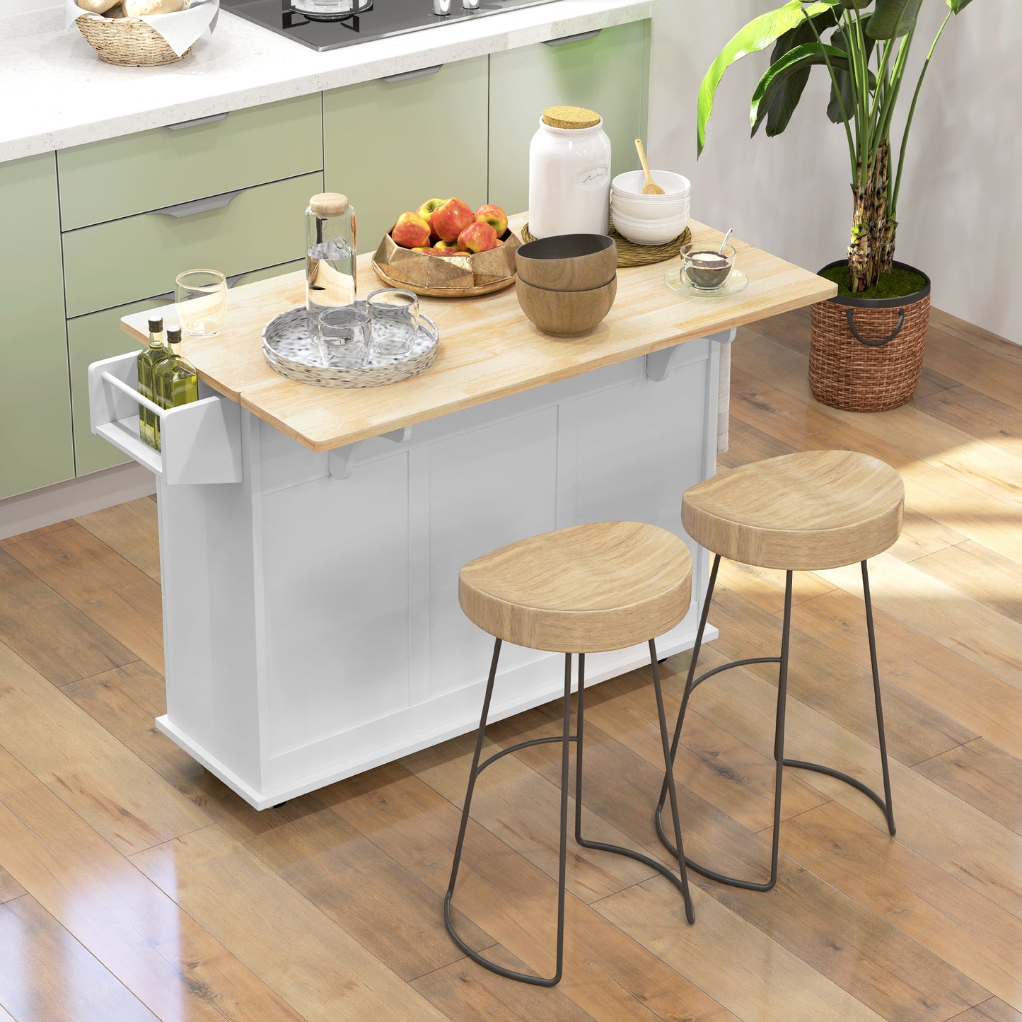 HOMCOM Kitchen Island On Wheels With Drop Leaf 3 Drawers Spice Rack And Towel Rack Rubber Wood Top Trolley White